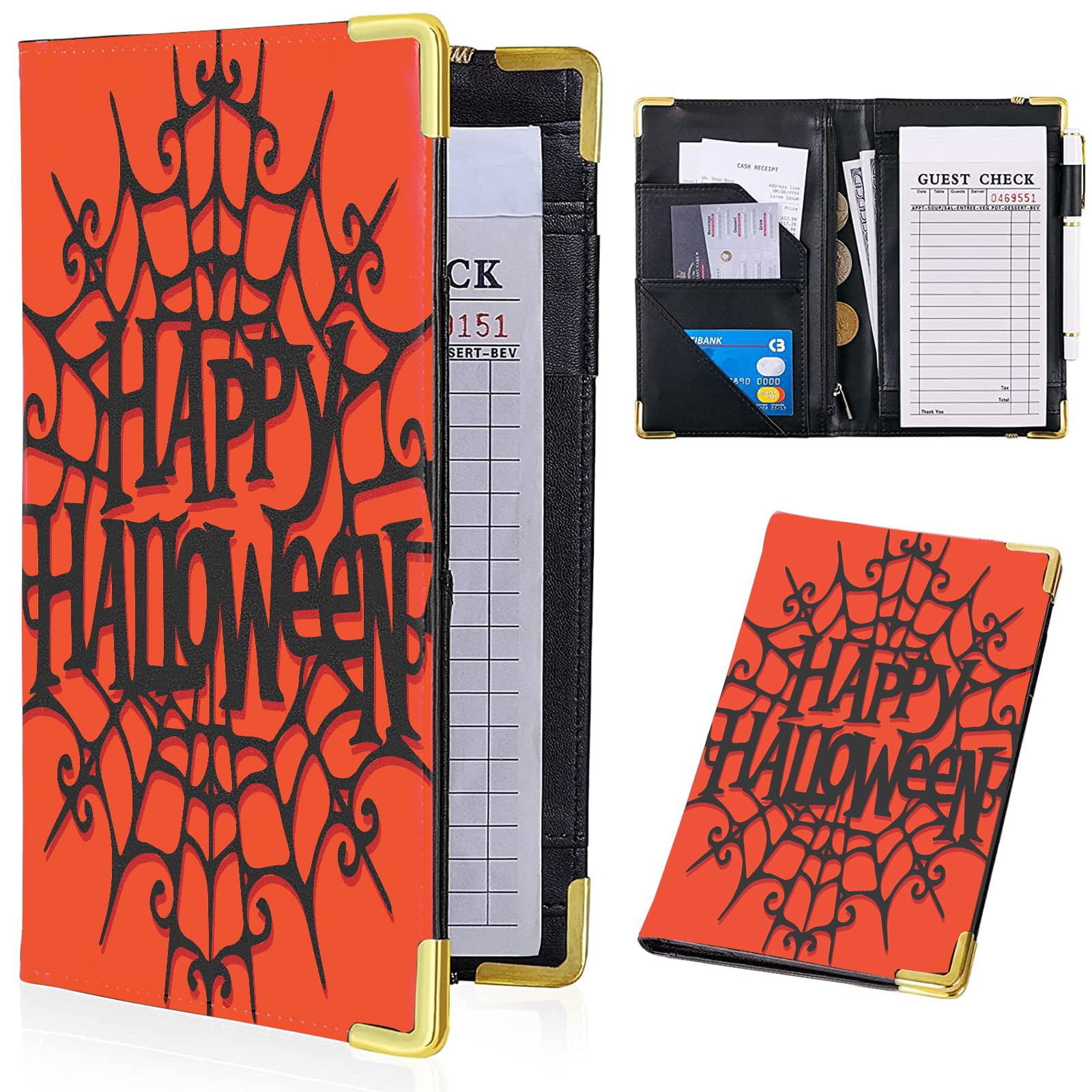 AihonminServer Books for Waitress - Brown PU Leather Waiter Book Server Wallet with Zipper Pocket,Christmas Motifs Waitress Book&Waitstaff Organizer with Money Pocket Fit Server Apron 7.9 x 5 Inch