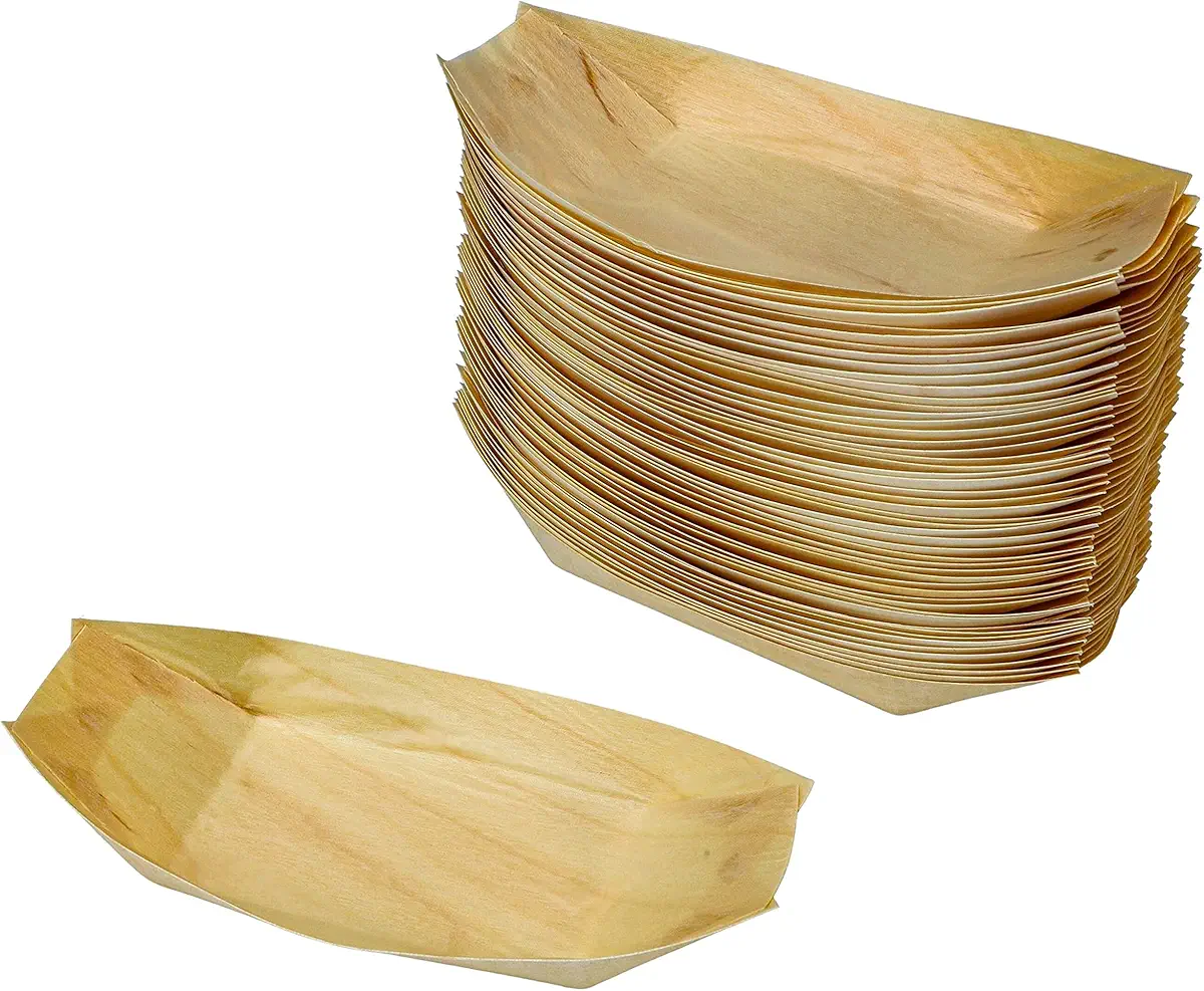 Snowkingdom 100 Pack 8&#34; Disposable Wood Boat Plates Dishes Better Than Bamboo 100% Compostable And Biodegradable Eco Friendly Party Plates