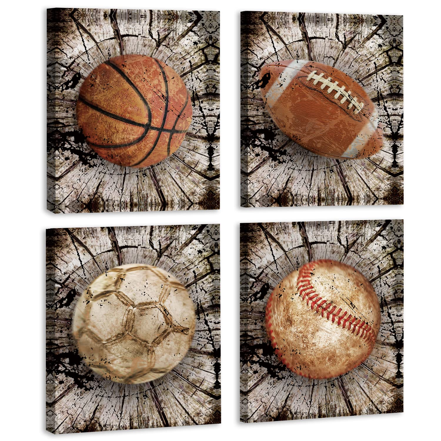 KAIRNE Colorful Sport Themed Art Print,Basketball Football Baseball Inspirational Quote Art Print,Set of 4 (8”X10”,framed) Exercise Motivational Canvas Wall Painting For Boy Bedroom,Playroom Decor