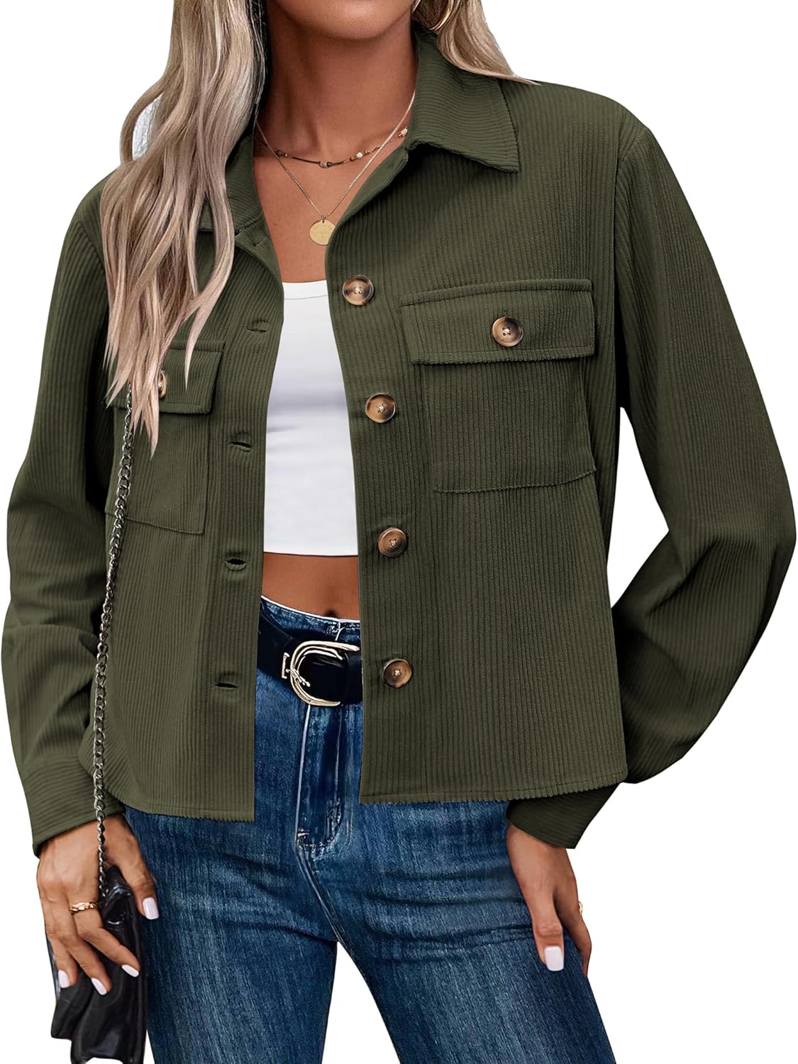 Zeagoo Womens Fashion Cropped Corduroy Shackets Button Down Jackets Tops Fall Trendy Long Sleeve Shirts