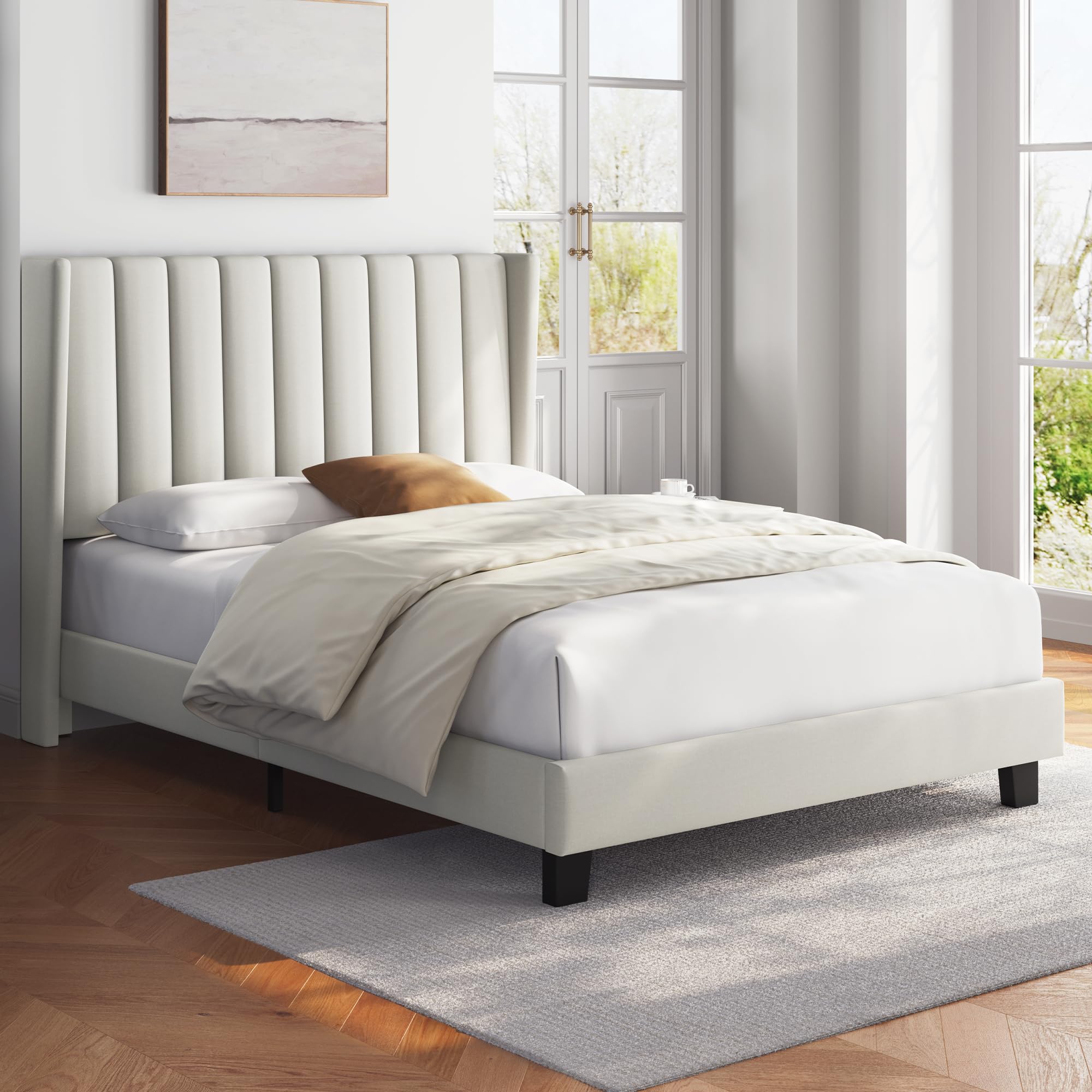 Yaheetech Cama Doble Tapizada 140 x 200cm con Somier de Lamas con Cabecero Rayado Moderno Estructura de Madera y Metal Marco de Cama para Adultos 2 Personas Beige