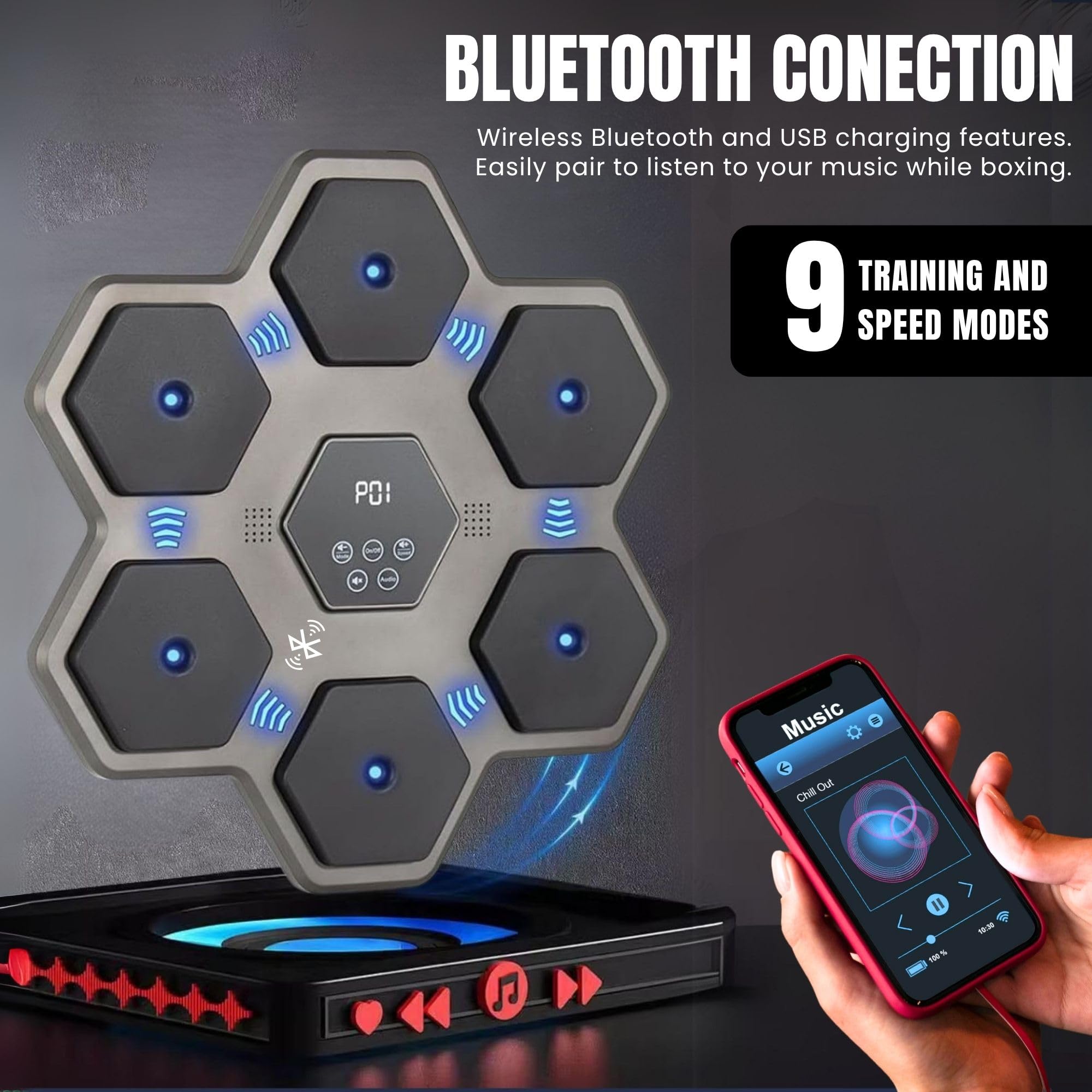 Macchina per l'allenamento di boxe musicale. Attrezzatura da boxe da parete con LED, guanti da boxe, Bluetooth e luci al ritmo della musica. Macchina da boxe per bambini/adulti. (9 modalità, 45 x 45