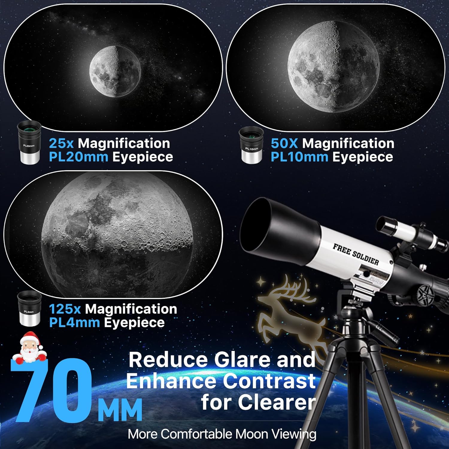 FREE SOLDIER Telescope for Adults High Powered 70mm Aperture Astronomical Refractor Telescopes for Beginners (25X-125X) 500mm Telescope for Adults with A Phone Adapter & A Wireless Remote (White)