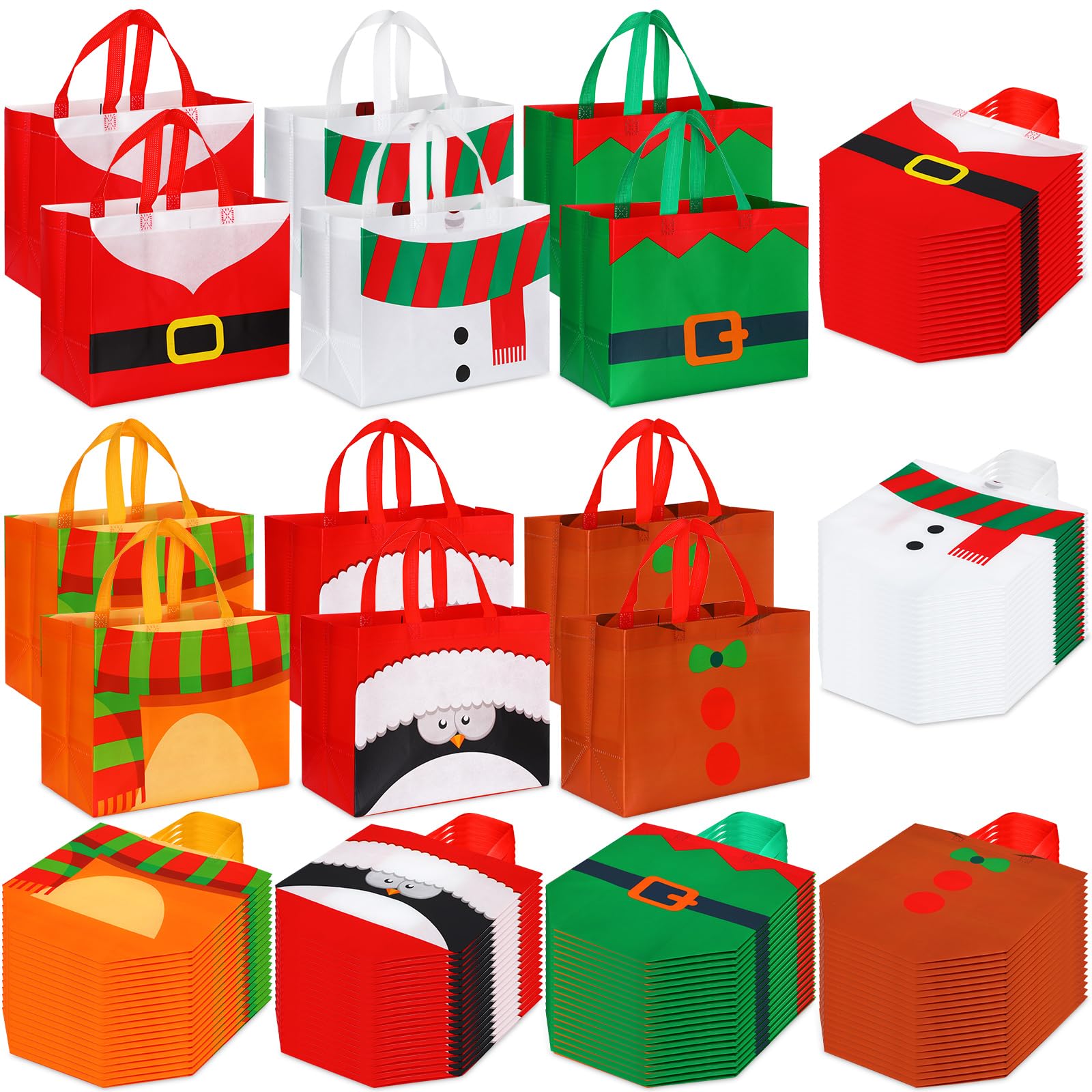 Talltalk 120 Pcs Christmas Tote Bags Bulk Christmas Gift Bags Christmas Treat Bags with Handle Large Multifunctional Non Woven Bags Reusable Shopping Bags for Xmas 12.6 x 9.8 x 6.7 In (Figure)