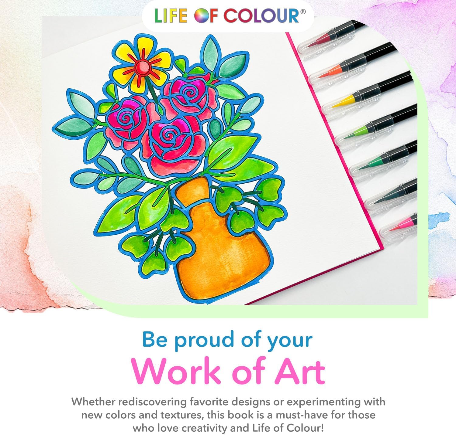 Life of Colour Watercolor Coloring Book – Volume 1, Includes 20 Watercolor Brush Pens + Refillable Water Brush — Watercolor Paint Set for Adults & Teens, Mindful Art and Watercolour Colouring Book Kit