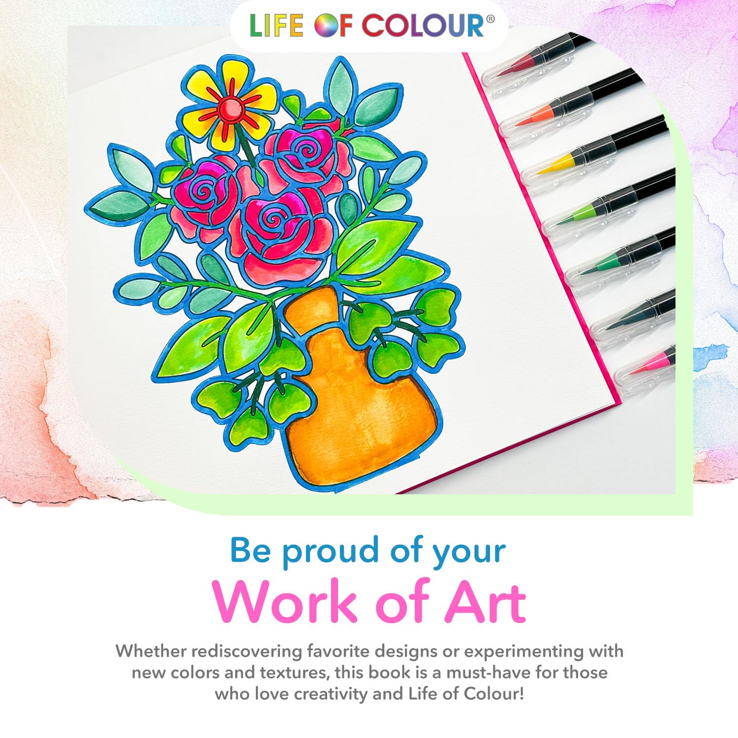 Life of Colour Aquarell-Malbuch – Band 1, inklusive 20 Aquarell-Pinselstiften + nachfüllbarem Wasserpinsel – Aquarellfarben-Set für Erwachsene und Jugendliche, achtsame Kunst und Aquarell-Malbuch-Set