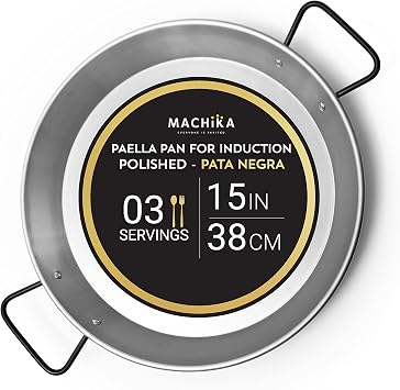 Machika Carbon Steel Pan | Professional Induction Cookware | Premium Polished Skillet for Cooking Mediterranean Food, Steaks & More | Ideal for Restaurants, Catering, Events | 3 Servings | 15 in |
