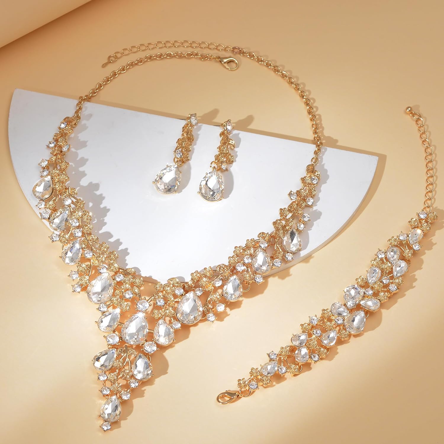 Bridal Wedding Artificial Rhinestone Crystal Teardrop Statement Necklace Dangle Earrings Bracelet Jewelry Set for Women - Image 3