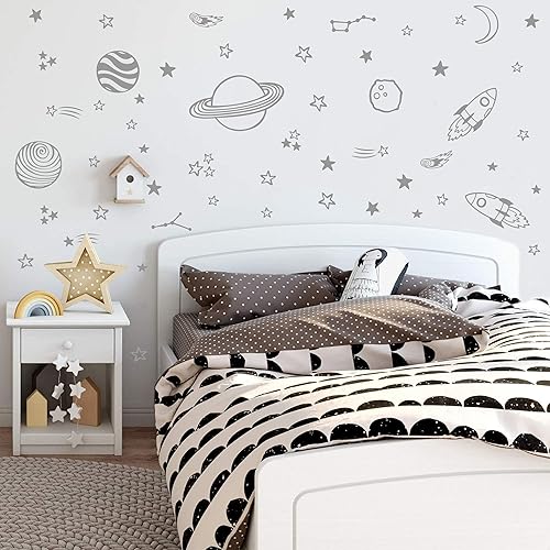 Miniatura 5 de ZzMY Calcomanías de pared espaciales, estrellas, planetas, estrellas fugaces, cohetes, decoración de guardería, arte de pared de vinilo para