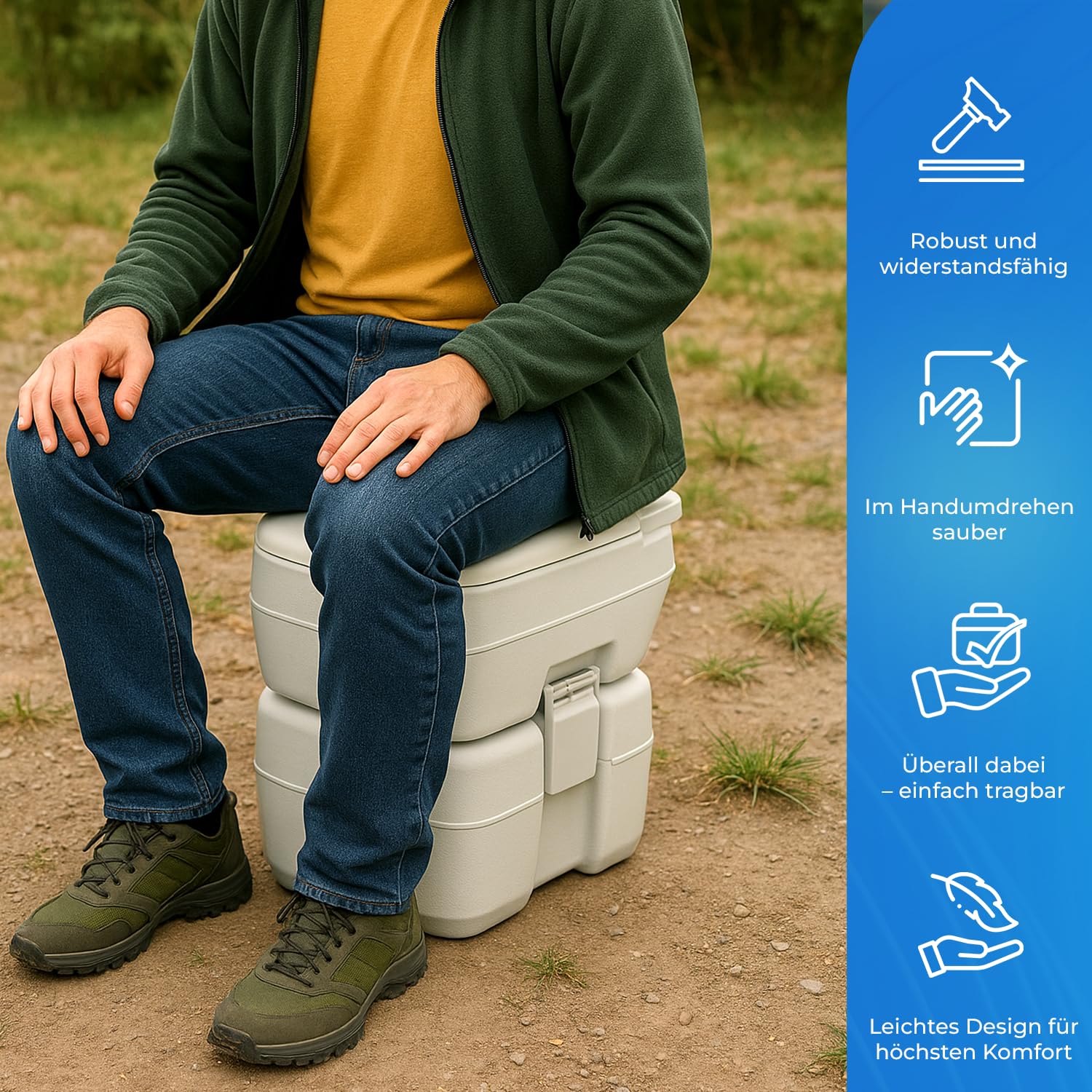 Camping Toilette 20L – Tragbare WC Reise Toilette mit 10L Frischwassertank & 20L Fäkalientank | Angenehme Sitzhöhe, bis 130 kg belastbar | Für Wohnwagen, Camper, Wohnmobil, Garten & Baustelle