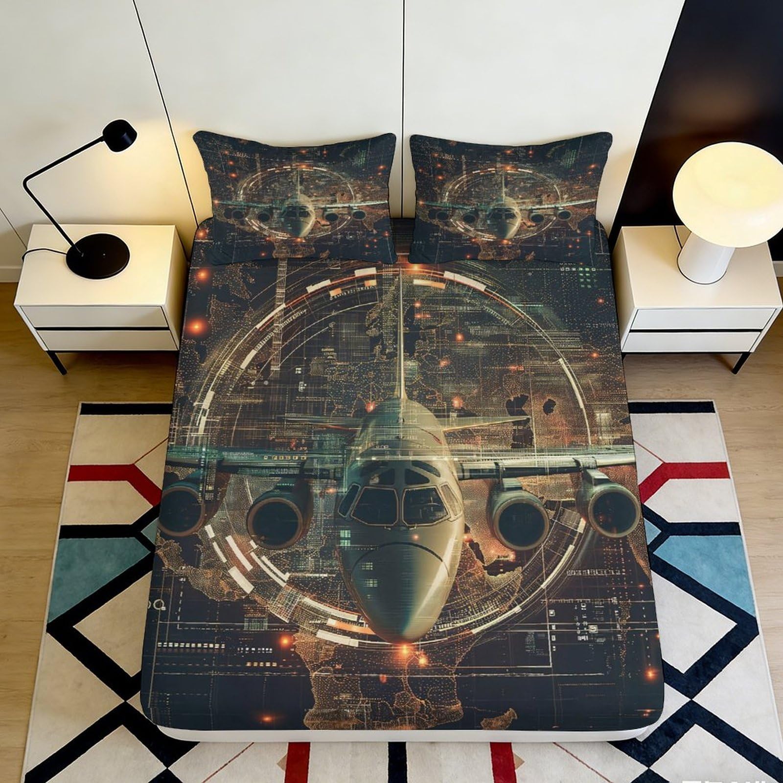 3D Printed Airplane Runway Fitted Sheet Microfiber Soft Breathable Cockpit View Mattress Cover for Bedroom Dorm Decor 90x200x25cm