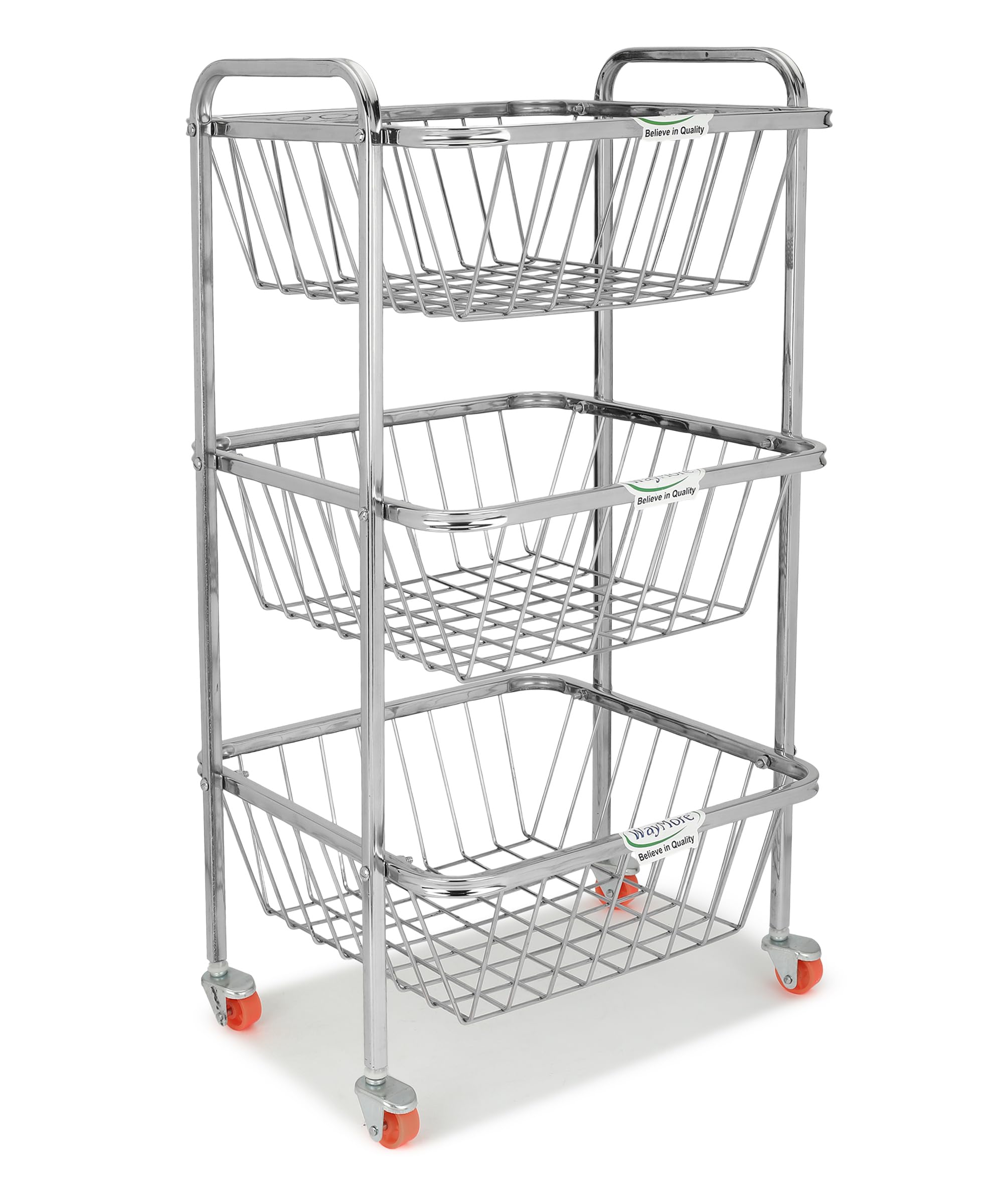 WayMore® Stainless Steel 3-Tier Rack Fruits & Vegetable Onion Trolley Container Basket Organizer Organiser Holder Stand for Kitchen with Wheel (3 Layer Trolley)