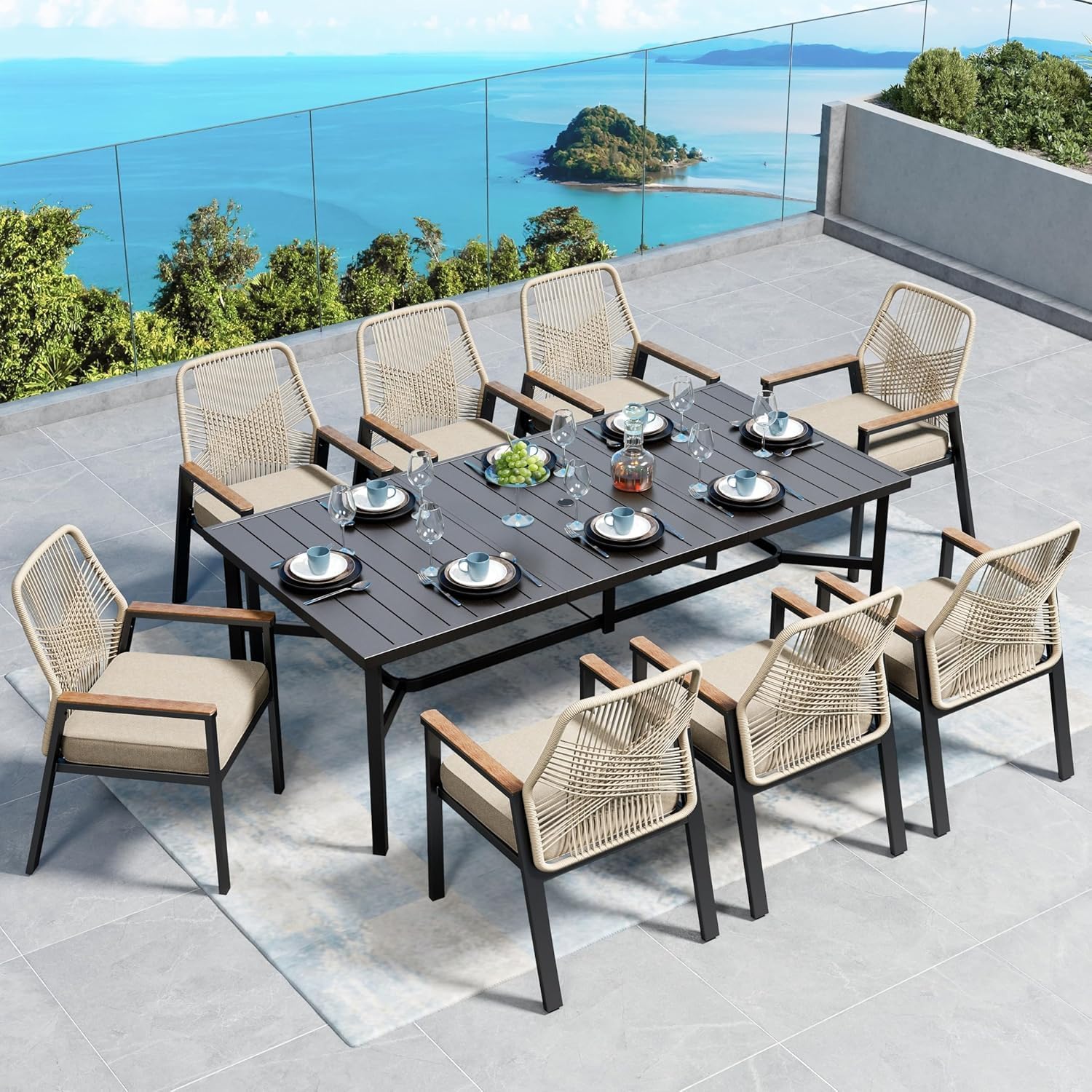 SUNSHINE VALLEY 83" Patio Table for 8,Large Rectangle Patio Dining Table with Umbrella Hole,E-Coating and Powder Coating Steel Frame Metal Outdoor Patio Table for Garden Backyard Lawn Yard