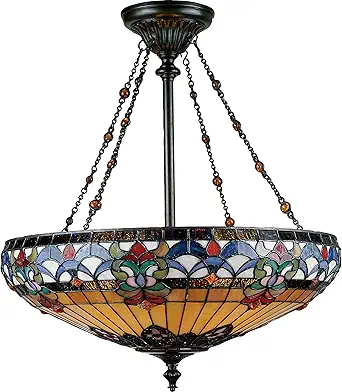 Quoizel Belle Fleur 4-Light Vintage Bronze Pendant Light, Handcrafted Tiffany Style Art Glass Ceiling Light, Traditional Vintage Bronze Chandelier, Sloped Ceiling Compatible Room Light