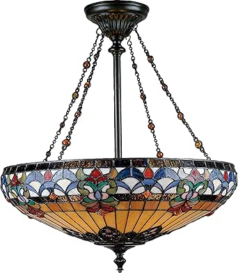 Quoizel Belle Fleur 4-Light Vintage Bronze Pendant Light, Handcrafted Tiffany Style Art Glass Ceiling Light, Traditional Vintage Bronze Chandelier, Sloped Ceiling Compatible Room Light