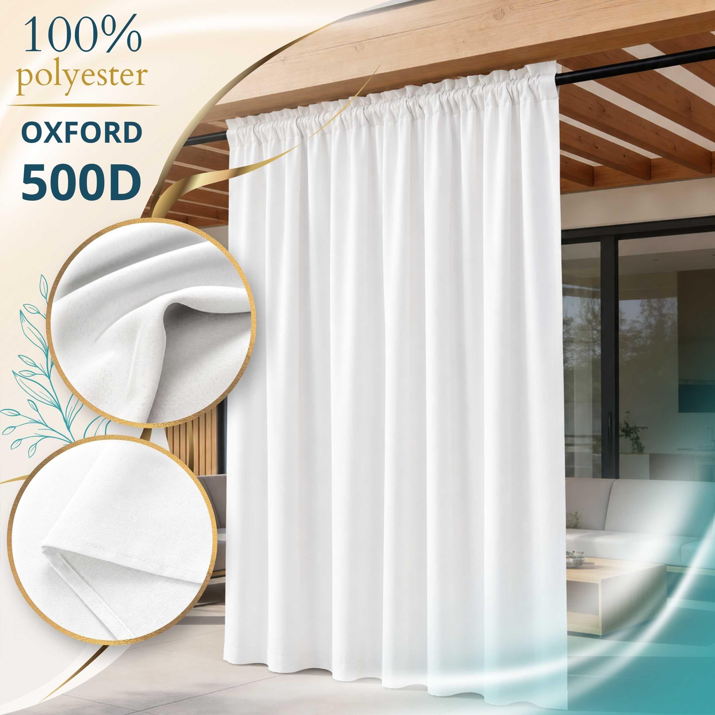 Outdoor Vorhang Weiß 155x180 cm wasserdicht Kräuselband | Polyester Oxford 500D wasserdicht · kompakte Höhe für Geländer & Balkon · Pergola, Pavillon, Carport · 14 Farben