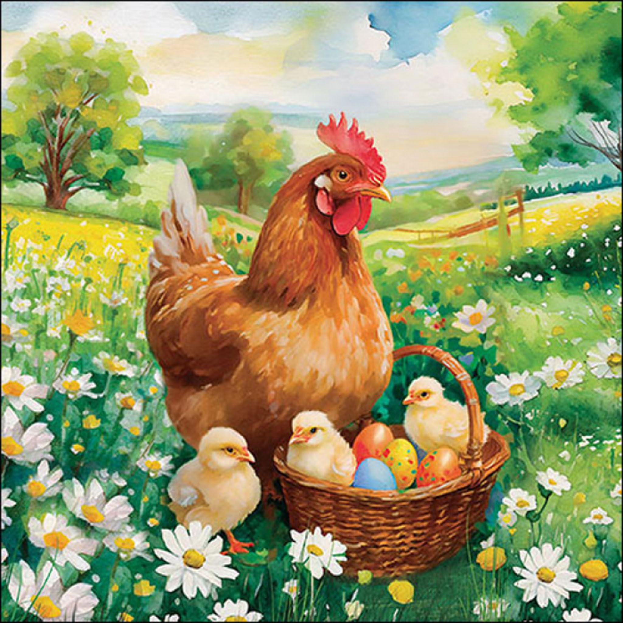 4 x Paper Napkins/33cm/3Ply/Decoupage/Easter/Chicken/Chicks in Meadow Flowers