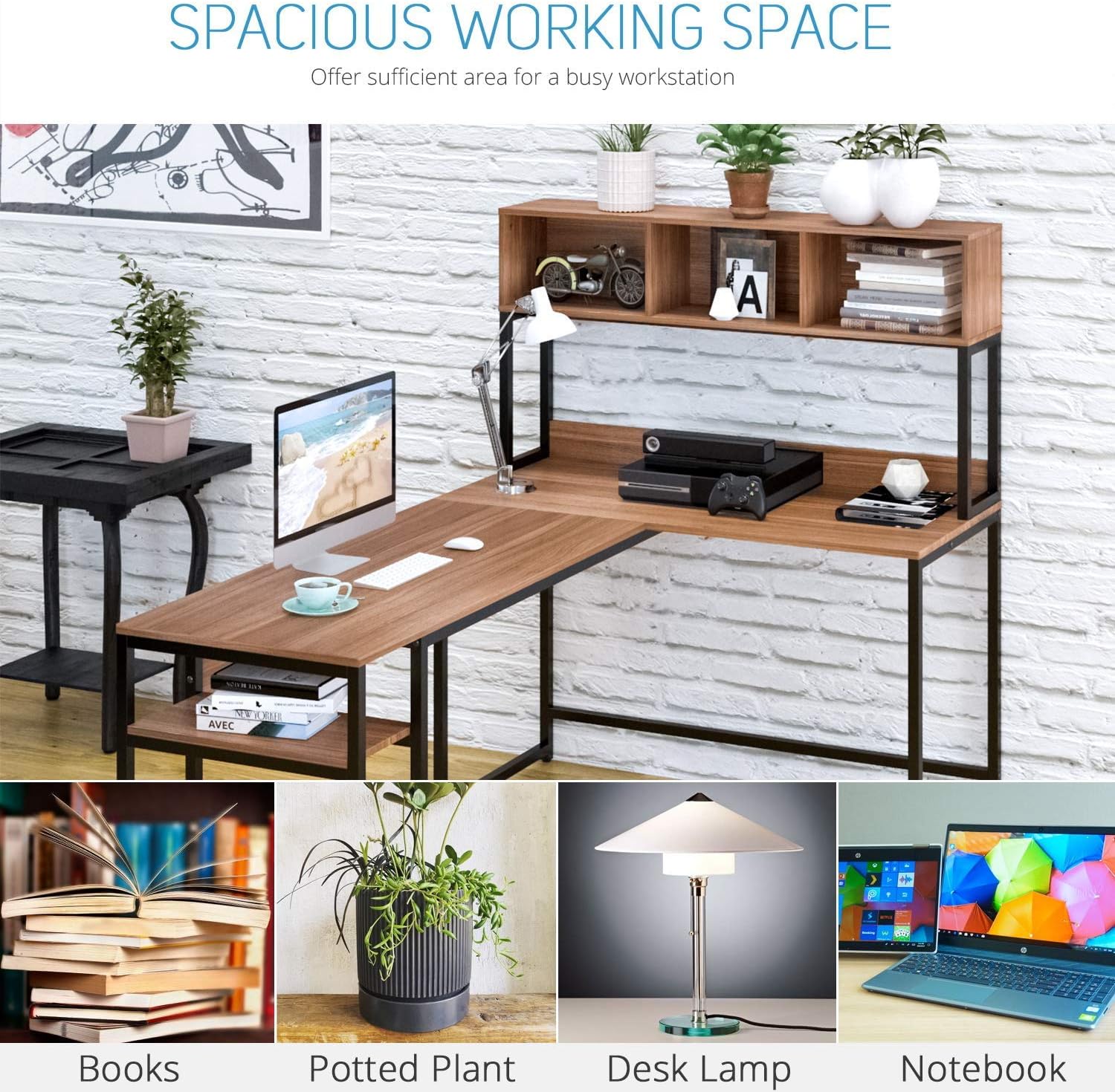 Spacious working area of the VIPEK L-Shaped Desk with various items like books, plants, and a desk lamp