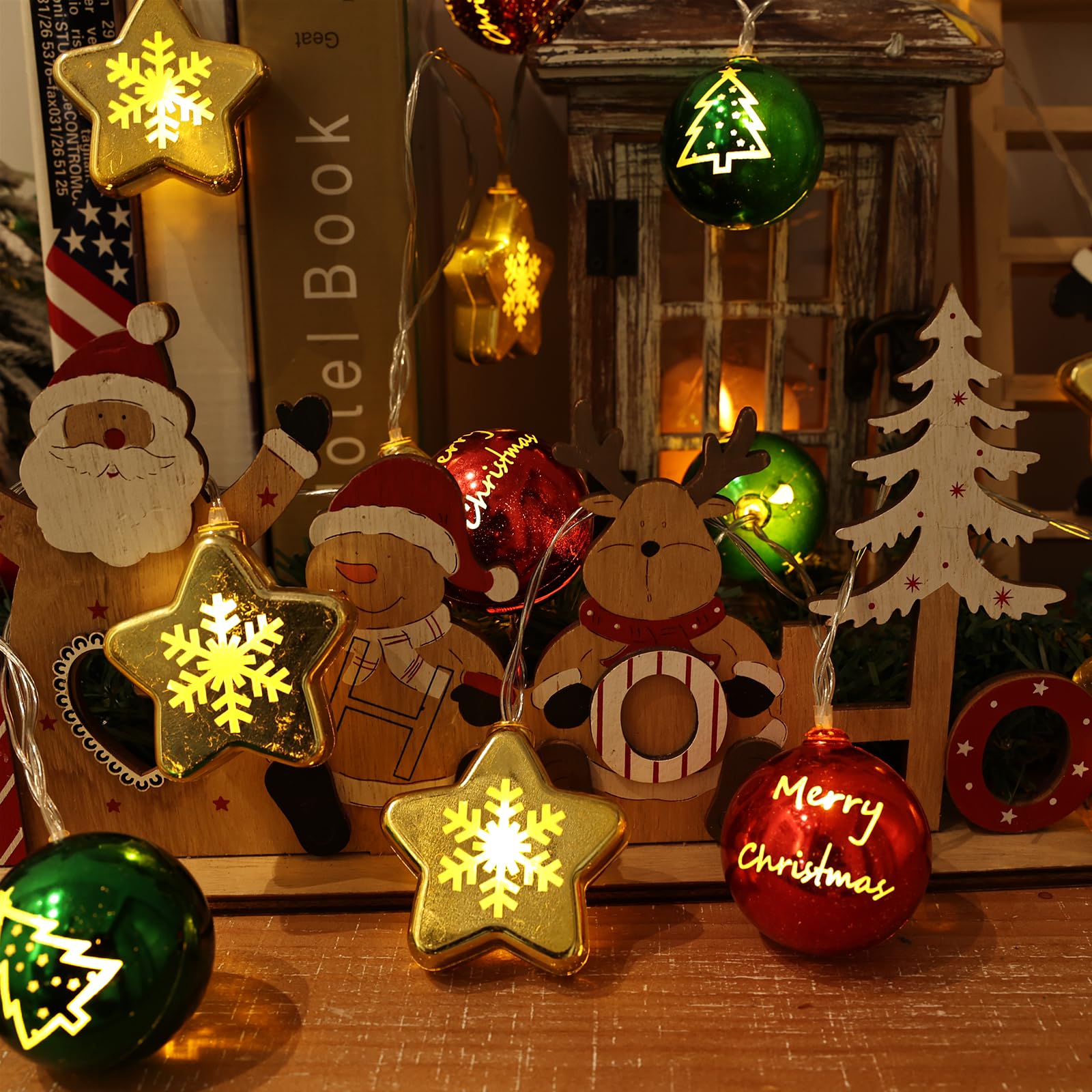 Lumières décoratives de Noël de 4,1 m, 20 DEL à piles avec minuterie et 8 modes, boules de Noël et étoiles décoratives pour sapin de Noël, couronne, fenêtre, mur, maison, jardin, extérieur et