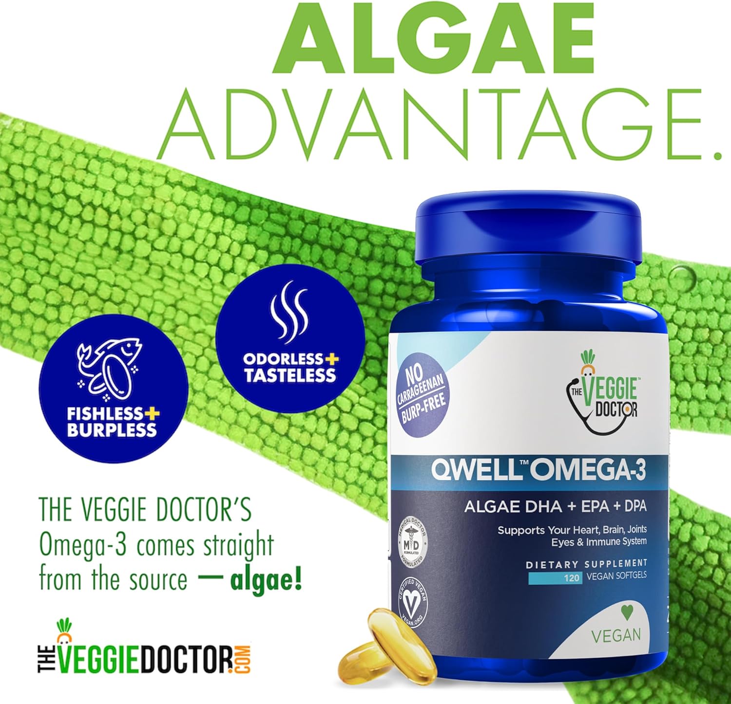 Vegan Omega 3 Supplement – Algae Omega 3 with DHA EPA DPA – Vegan Capsules from Algal – Fish Oil Alternative – Plant-Based Algae Oil Formula – Non-GMO, Carrageenan-Free (120 Capsules, 2 Month Supply)