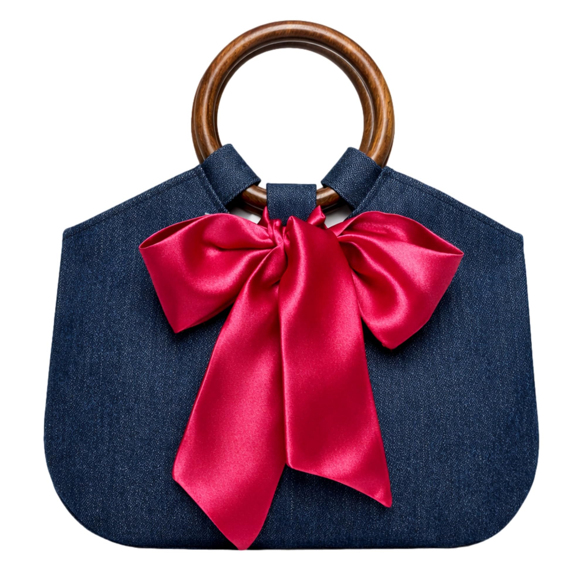 RINGA MINI Women Structured Top Handle Handbag in Dark Blue Textured Denim with Wooden Ring Handle & Satin Bow | Compact Mini Handheld Bag-image-22