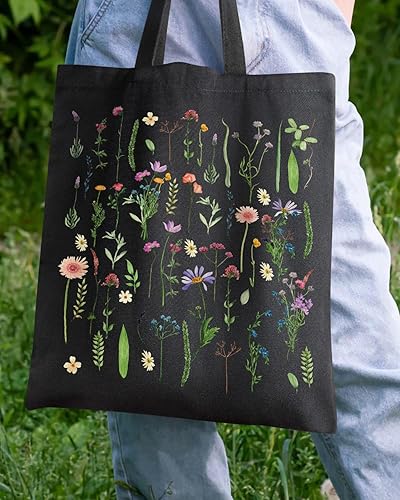 Miniatura 5 de AUSVKAI Bolsa de lona estética para mujer, lindas bolsas de algodón reutilizables de tela para compras, playa, comestibles, Flores silvestres