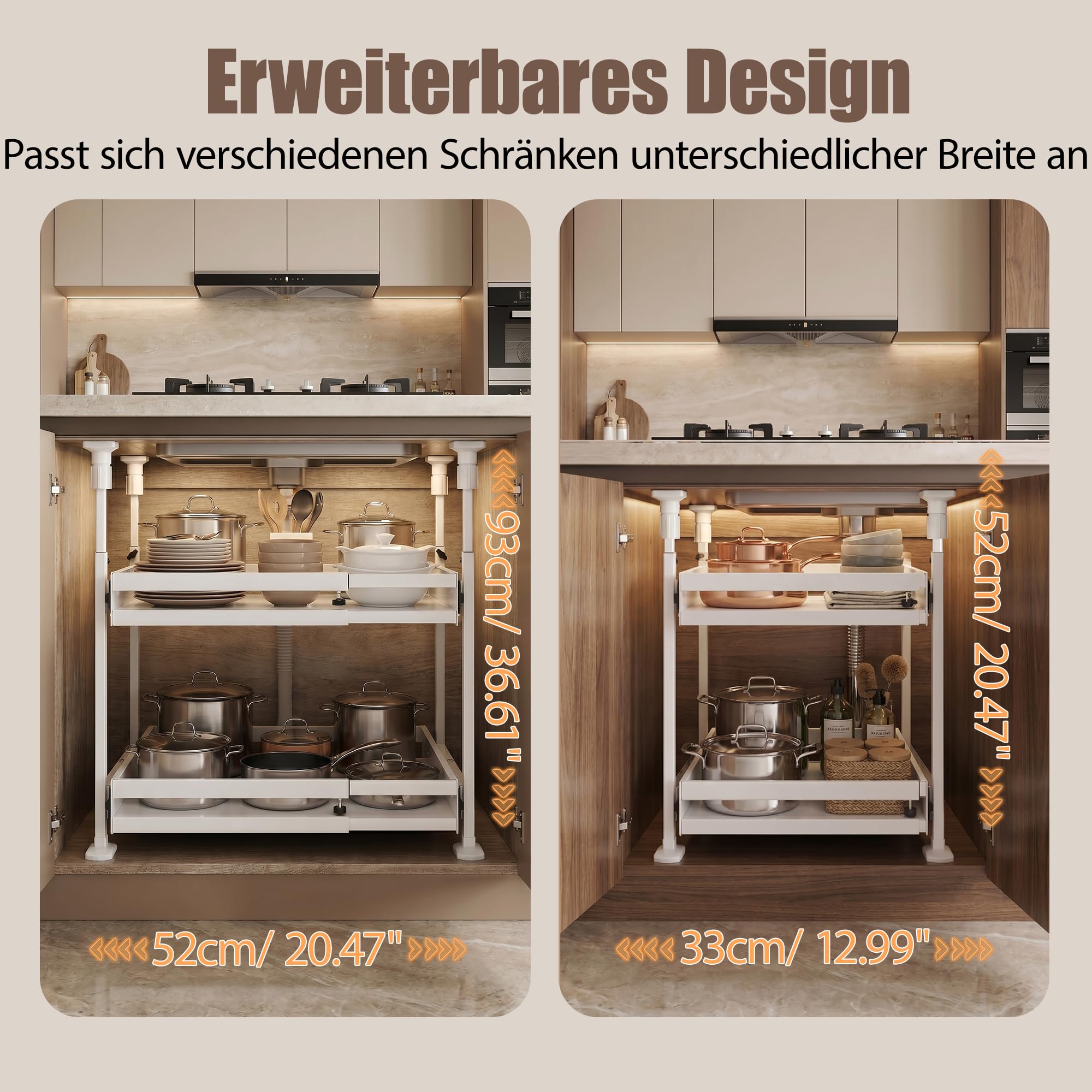 AQRA 2 Stück Teleskopschublade Küche ohne Bohren und Kleben, Auszug Küchenschrank, Höhenverstellbar 52.5–93 cm und Breitenverstellbar 33–52 cm, Metall Ausziehbare Schrankkorb für Küche, Bad, Weiß