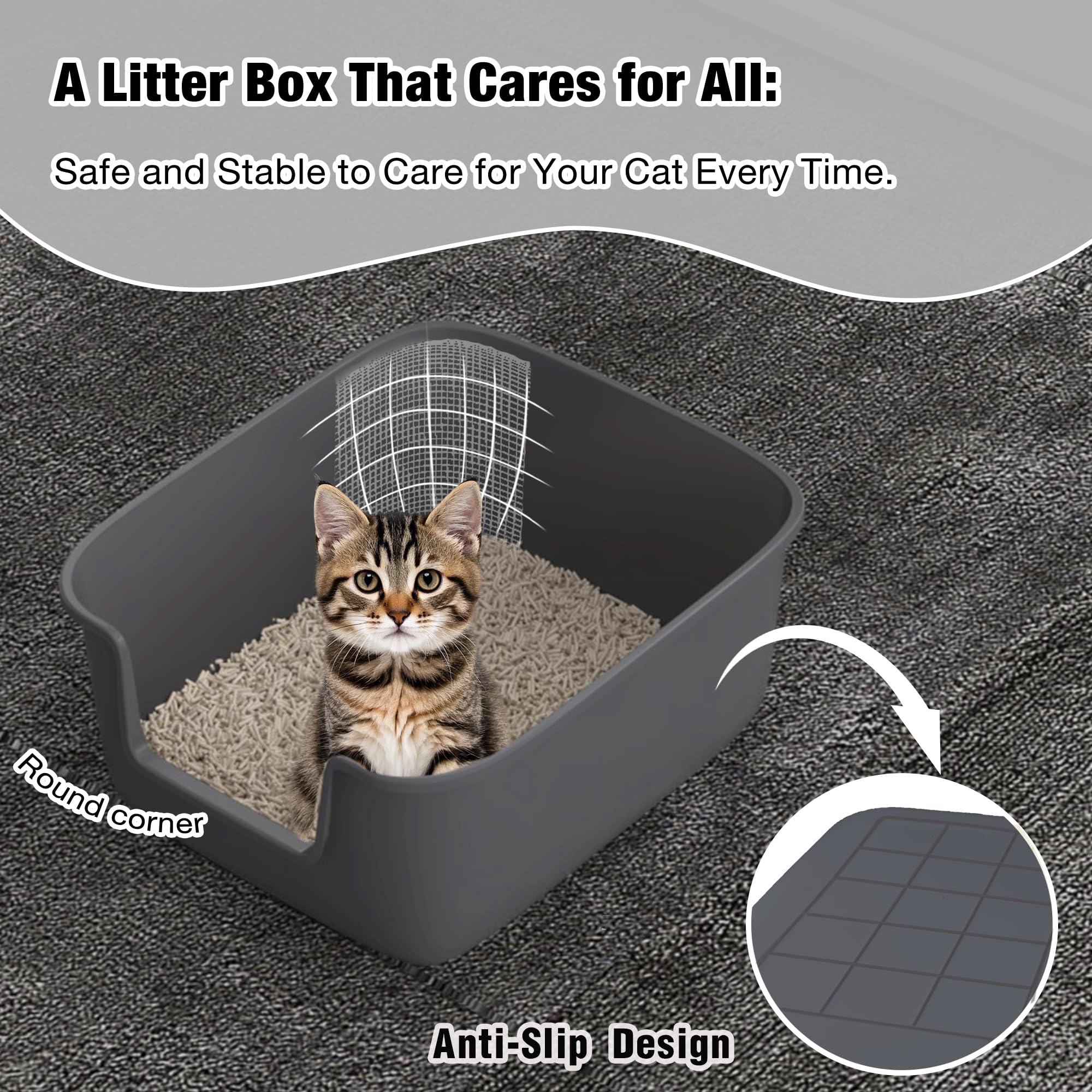 Suhaco Bac à Litière Haut pour Chat Anti-éclaboussures Grande Litière Ouverte 49 x 42 x 22 cm pour Petits Chats Bac à Litière à Entrée Basse (Gris)