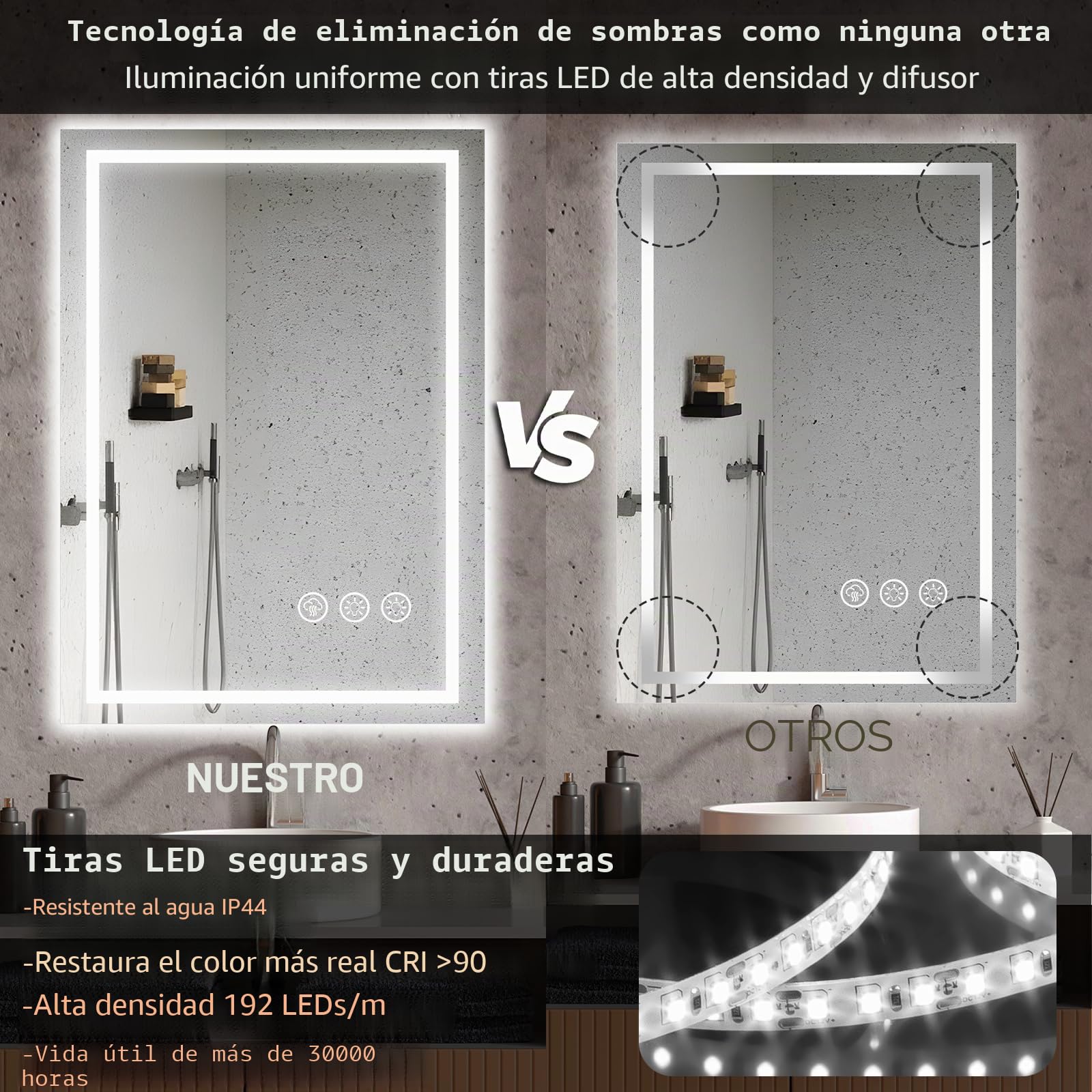 Espejo Baño con Luz 50x70cm LED Antivaho Regulable 3 Colores Luz Función Memoria