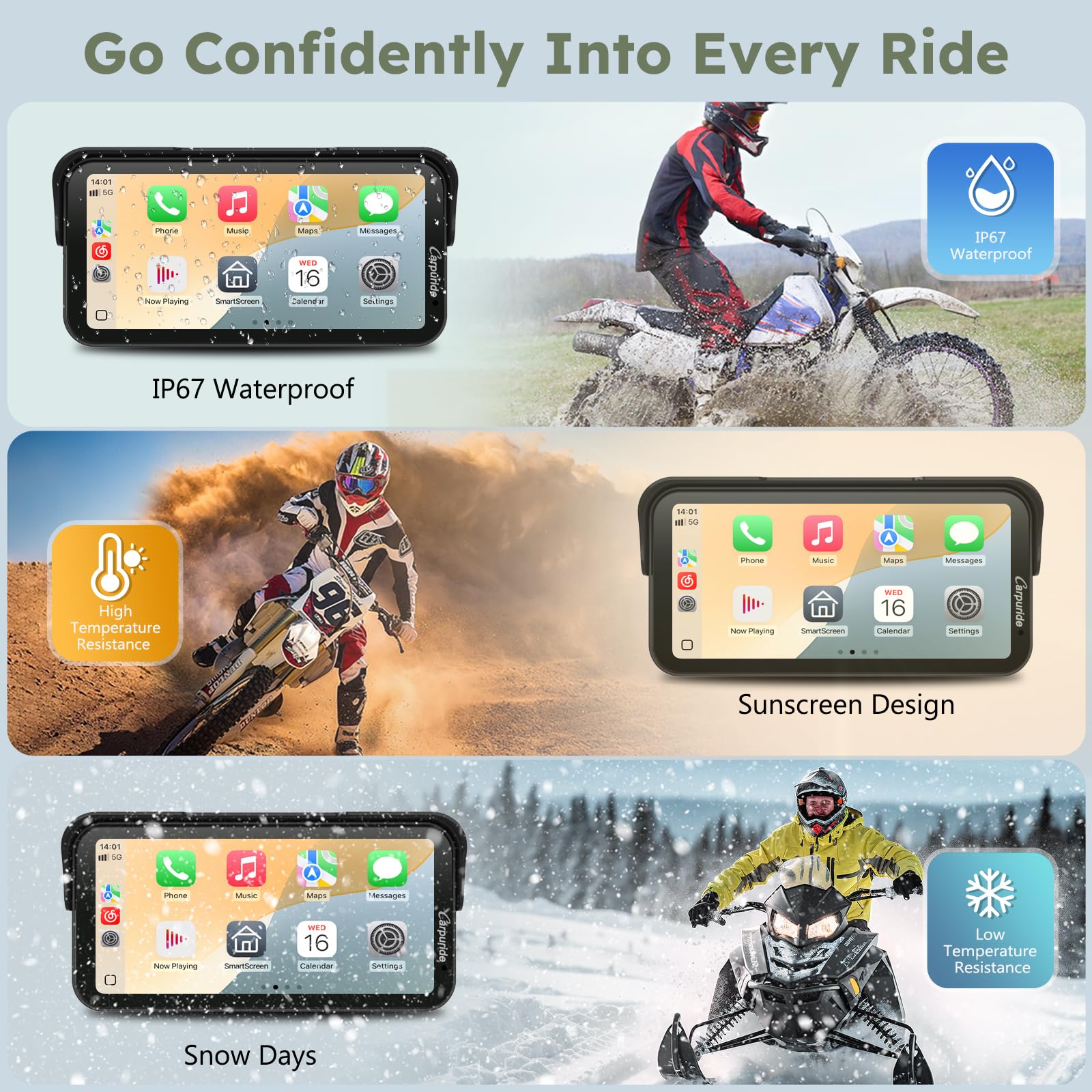 Carpuride Schermo da moto GPS carplay da 6.3 pollici senza fili CarPlay e Android Auto per Moto, con doppia fotocamera e TPMS, telecomando, IP67 impermeabile, BT Aduio, registrazione loop