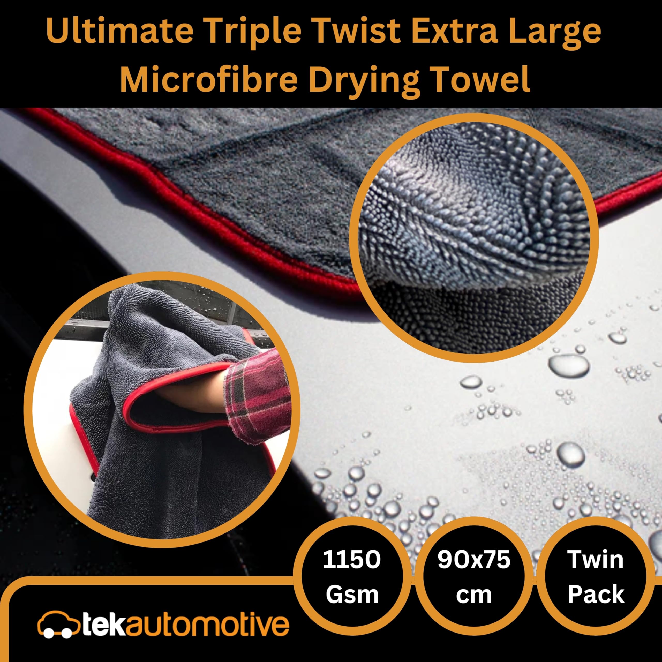 Tek Automotive Paquete de 2 toallas de secado de microfibra de triple torsión, ultra absorbentes, sin arañazos, extra grandes, 90 x 75 cm, toalla de secado de coche para limpieza, detalles y pulido