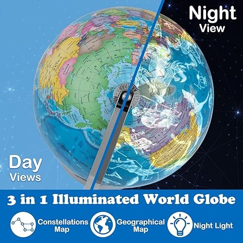 Miniatura 2 de COSTWAY Globo del mundo iluminado 3 en 1, luz nocturna de globo de 9 pulgadas de diámetro con soporte para niños, 88 constelaciones, mapa geográfico