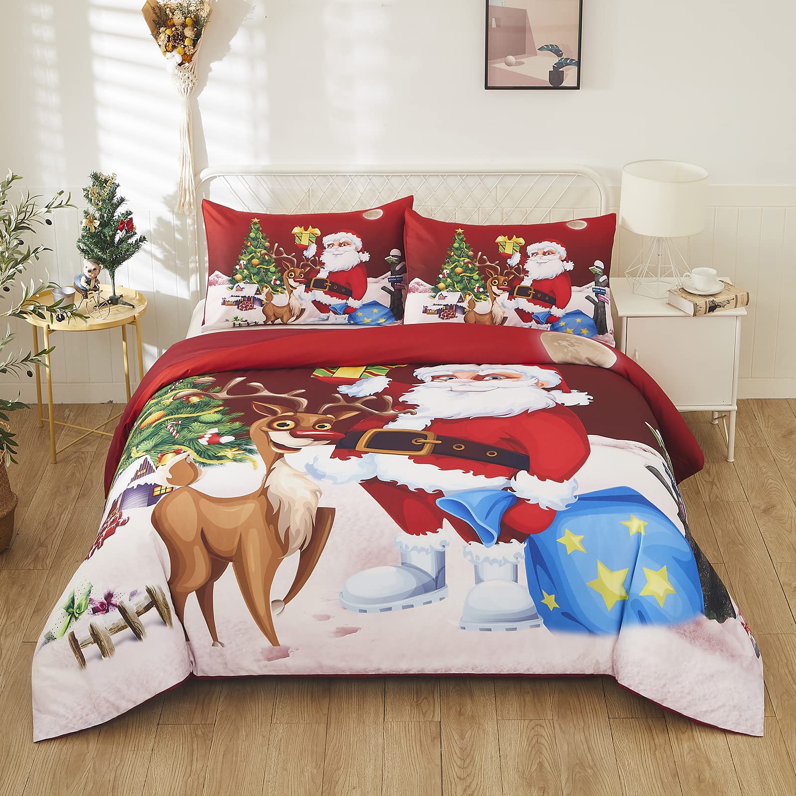 HMtideby Copripiumino Natalizio King Size 240x220cm, Set Biancheria da Letto Copripiumino Natalizio Modello Satus, Copripiumino Rosso per Decorazioni di Capodanno