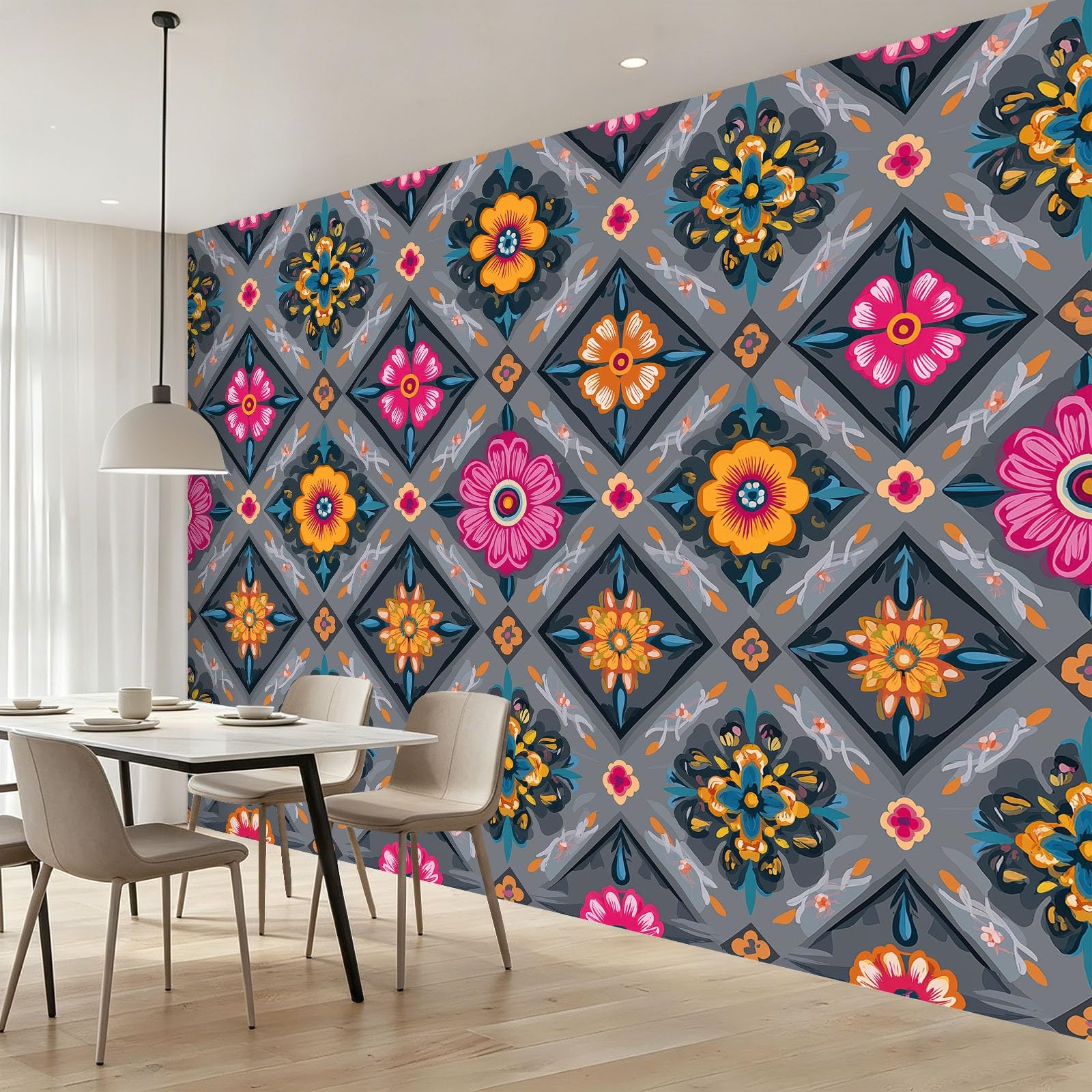 Fototapeta 400 x 280 cm ściany dekoracja salonu tradycjonalistyczne etniczne małe kwiaty Losange obrazy do sypialni salonu tapeta z włókniny, wielokolorowa