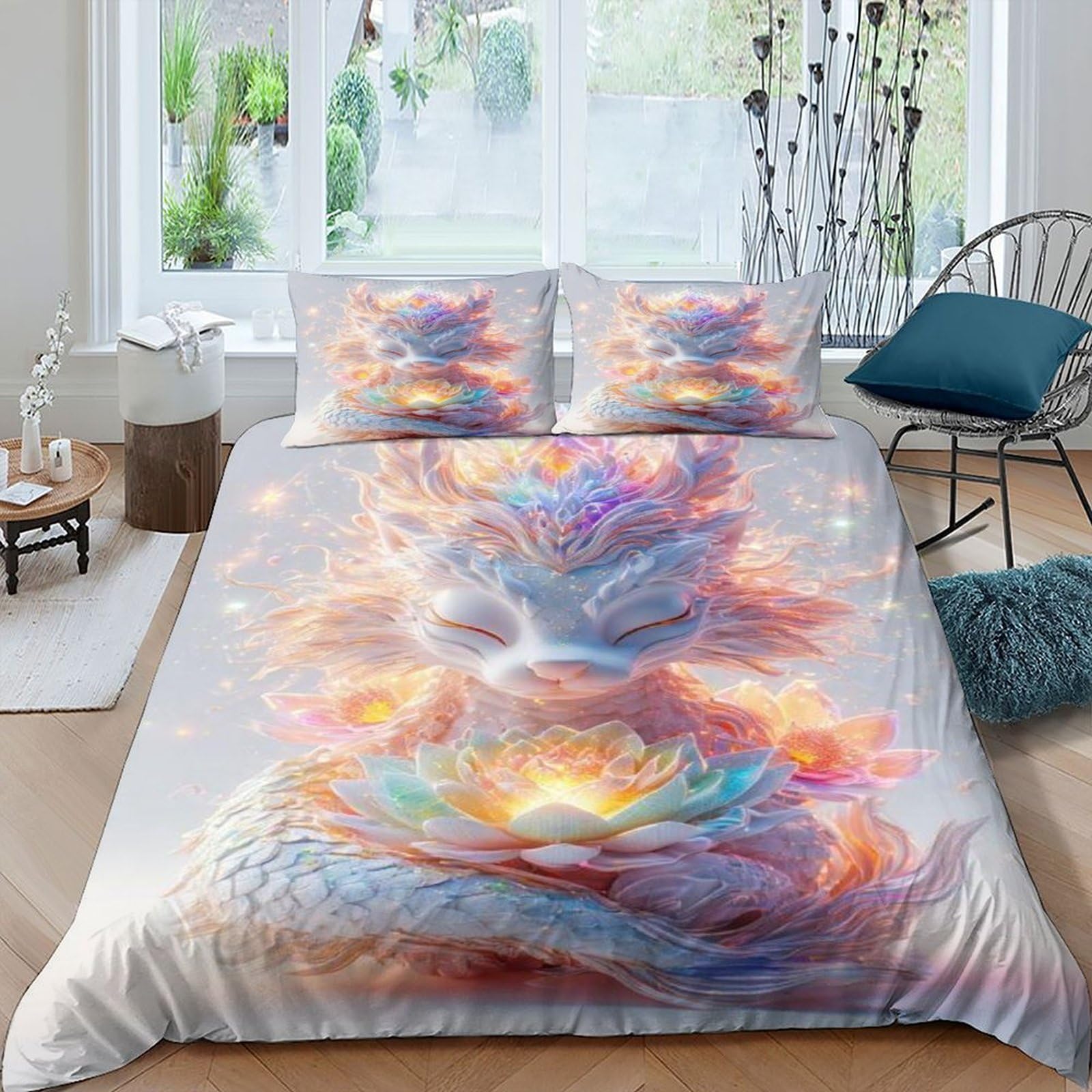 Dragon Lotus Bedding Set Theme Bedspread Animal Theme Duvet Cover Set Chic Breathable Quilt Cover Universal for All Seasons Pillowcase King（220x240cm）