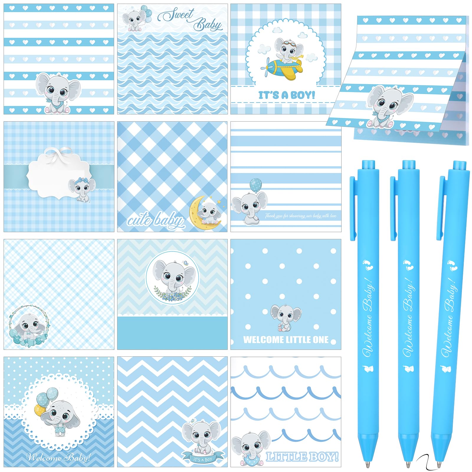 Photo 1 of Tenceur 12 Set Boy Baby Shower Favors for Guests 12 Style 3'' x 3'' Blue Elephant Theme Sticky Notes and Baby Shower Pens Black Ink Retractable Ballpoint Pen for Gender Reveal Party Prizes