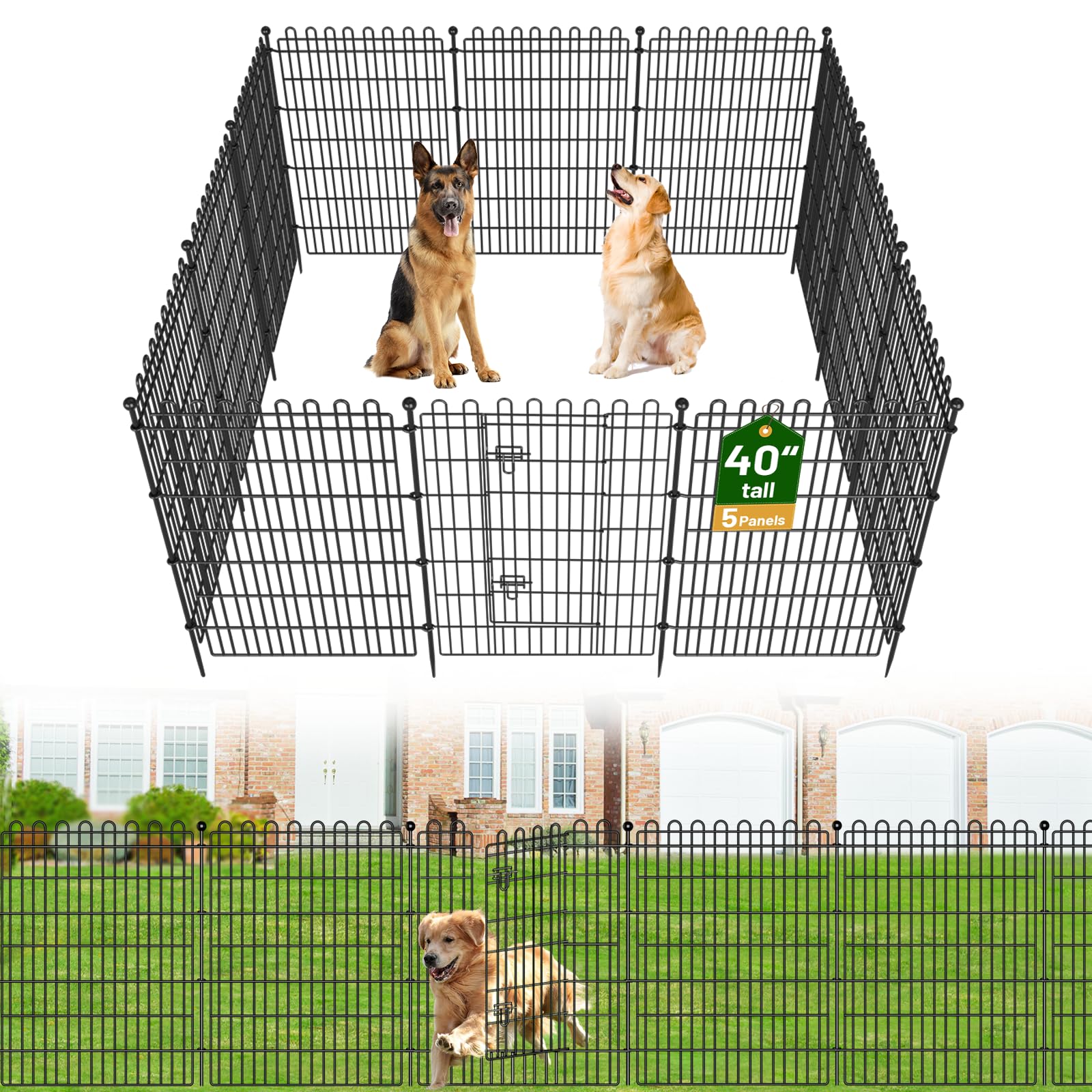5 Panels No Dig Decorative Garden Fence with Gate for Yard, 40 in(H) X 11.8 ft(L) Animal Barrier Fencing for Outdoor Dog, Metal Portable Garden Fences for Borders, Pets, Landscape, Temporary Fence