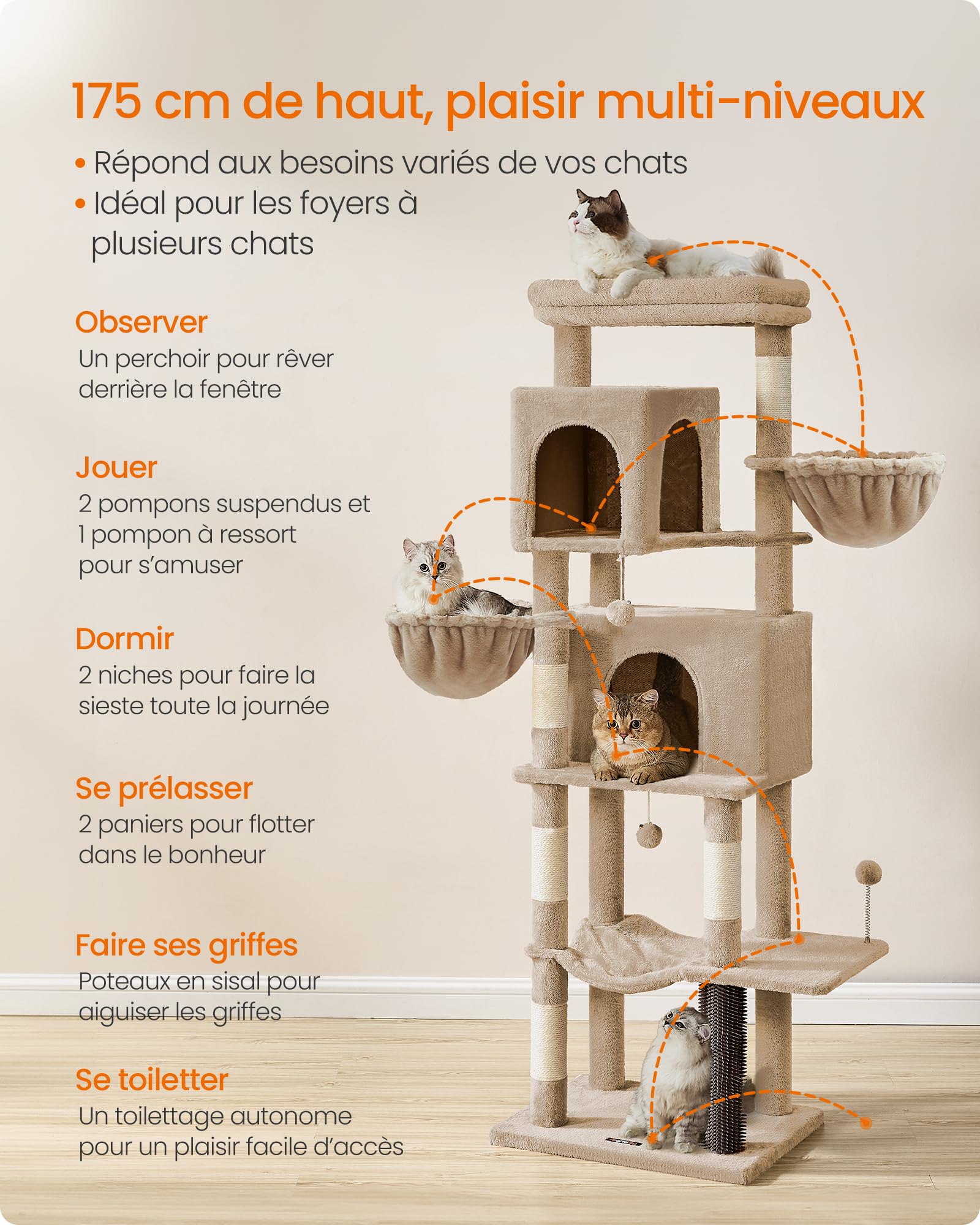 Feandrea Grand Arbre à Chat, Tour à Chat de 175 cm de Haut, Multi-Niveaux, avec 2 Niches, 2 Paniers, 5 Griffoirs, Toilettage Autonome, Perchoir, Hamac, Marron Camel PCT182K01