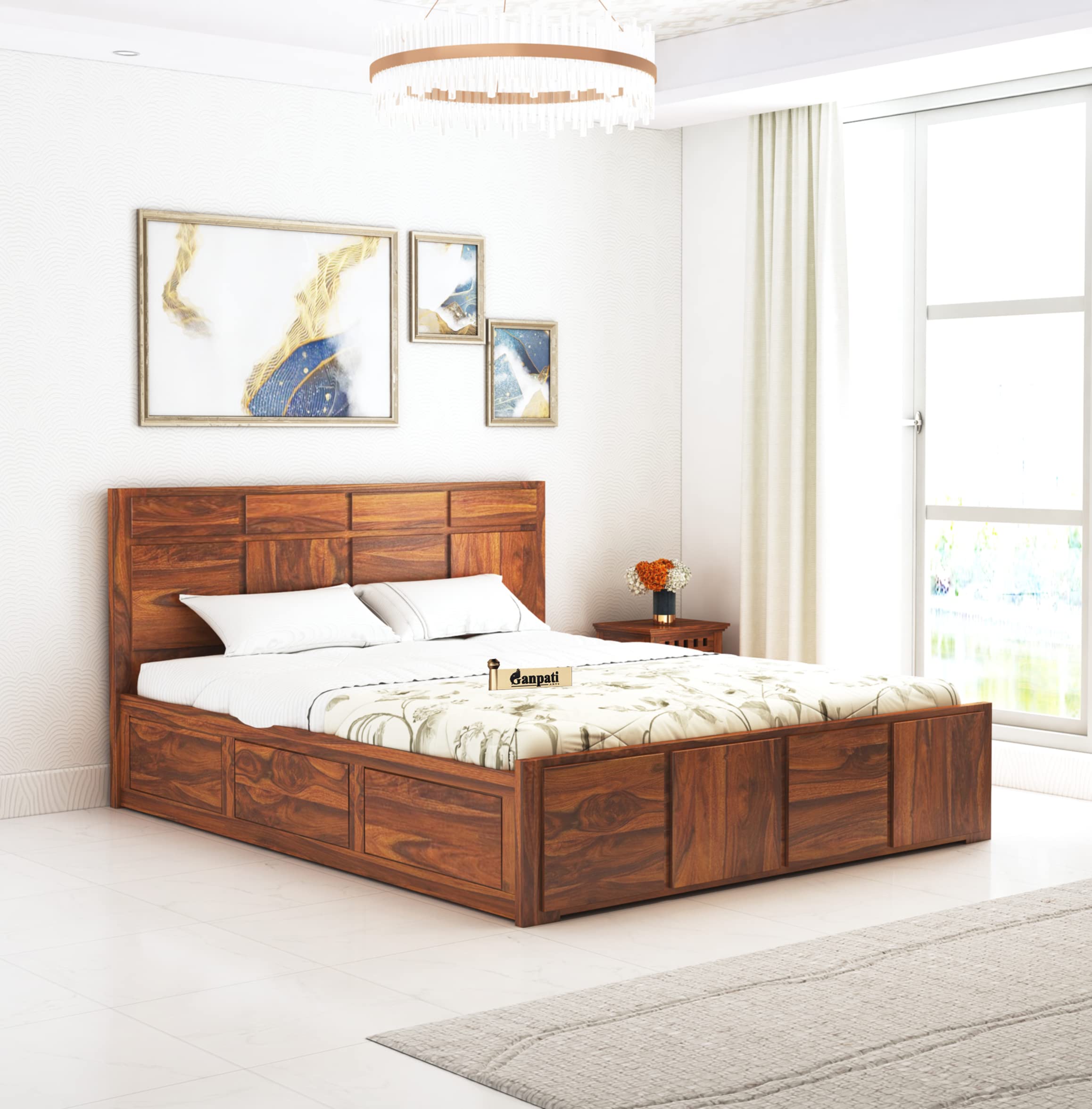 Ganpati Arts Solid Sheesham Wood Scott Queen Size Bed with Box Storage Wooden Double Bed Palang for Bedroom Home - Natural Finish 1 Year Warranty