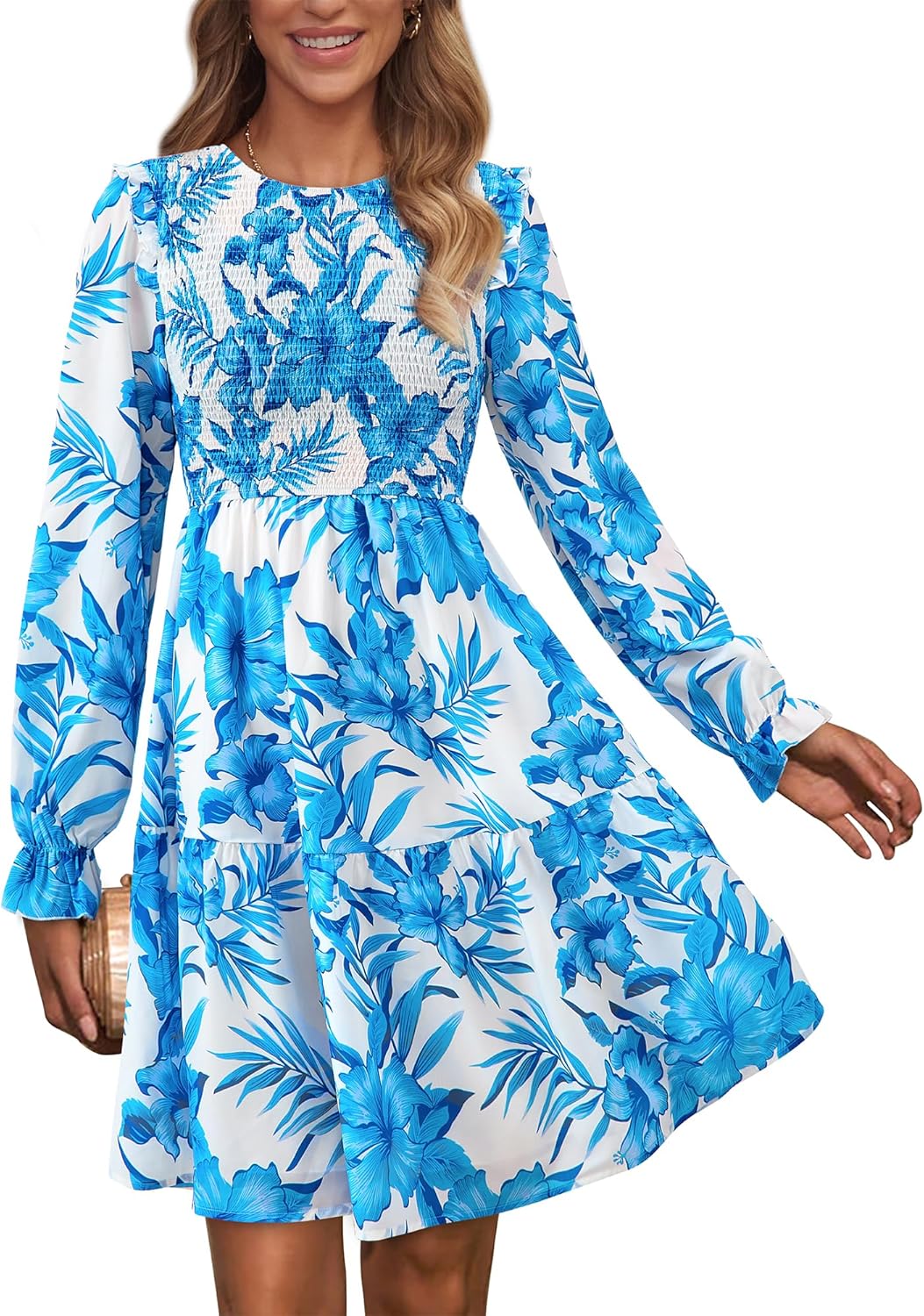KIRUNDO Long Sleeve Dress for Women 2025 Summer Fall Wedding Guest Smocked Floral Crewneck Ruffle A Line Flowy Mini Dress