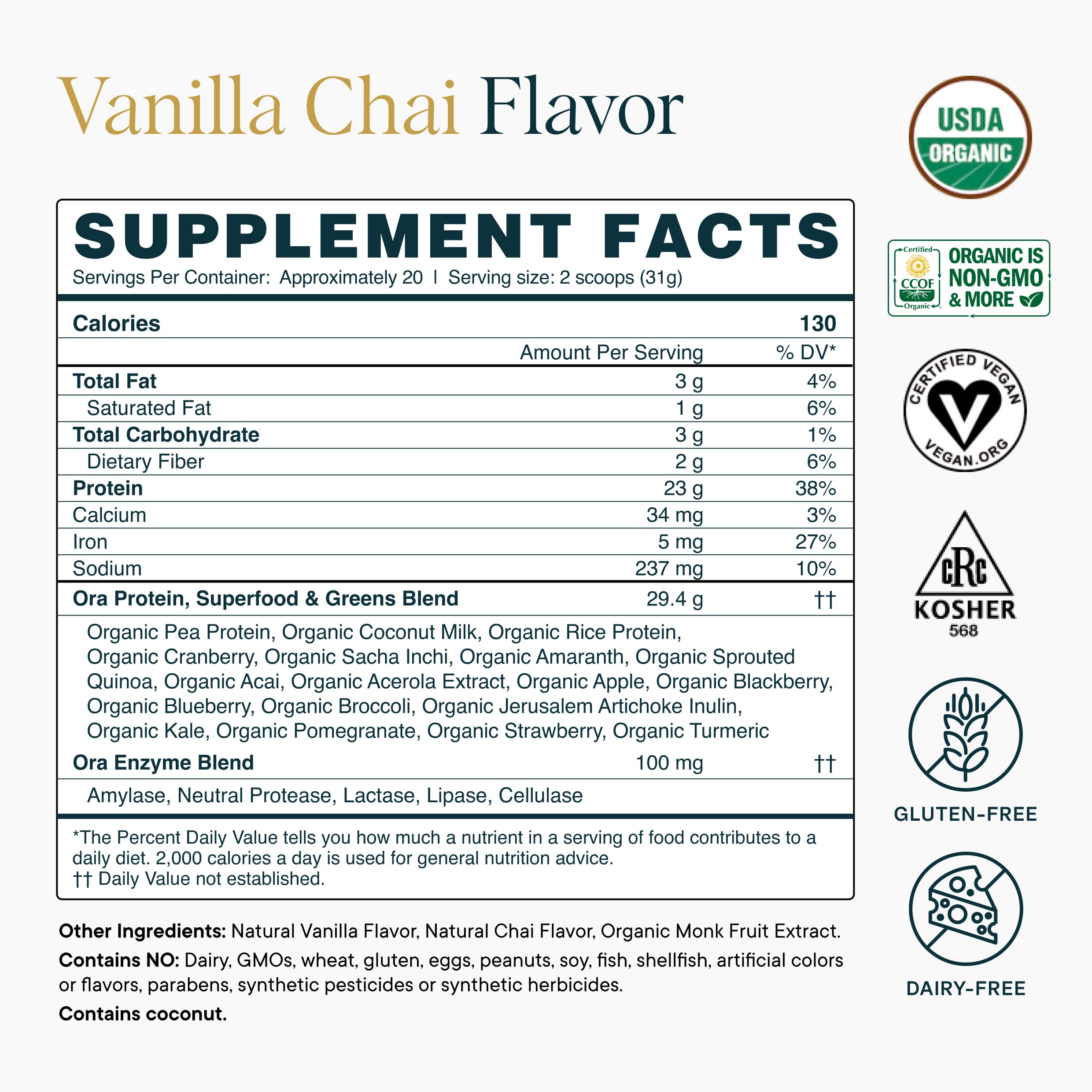 Ora Organic Vegan Protein Powder for Women & Men, Vanilla Chai, 20 Servings — Amazon image 9