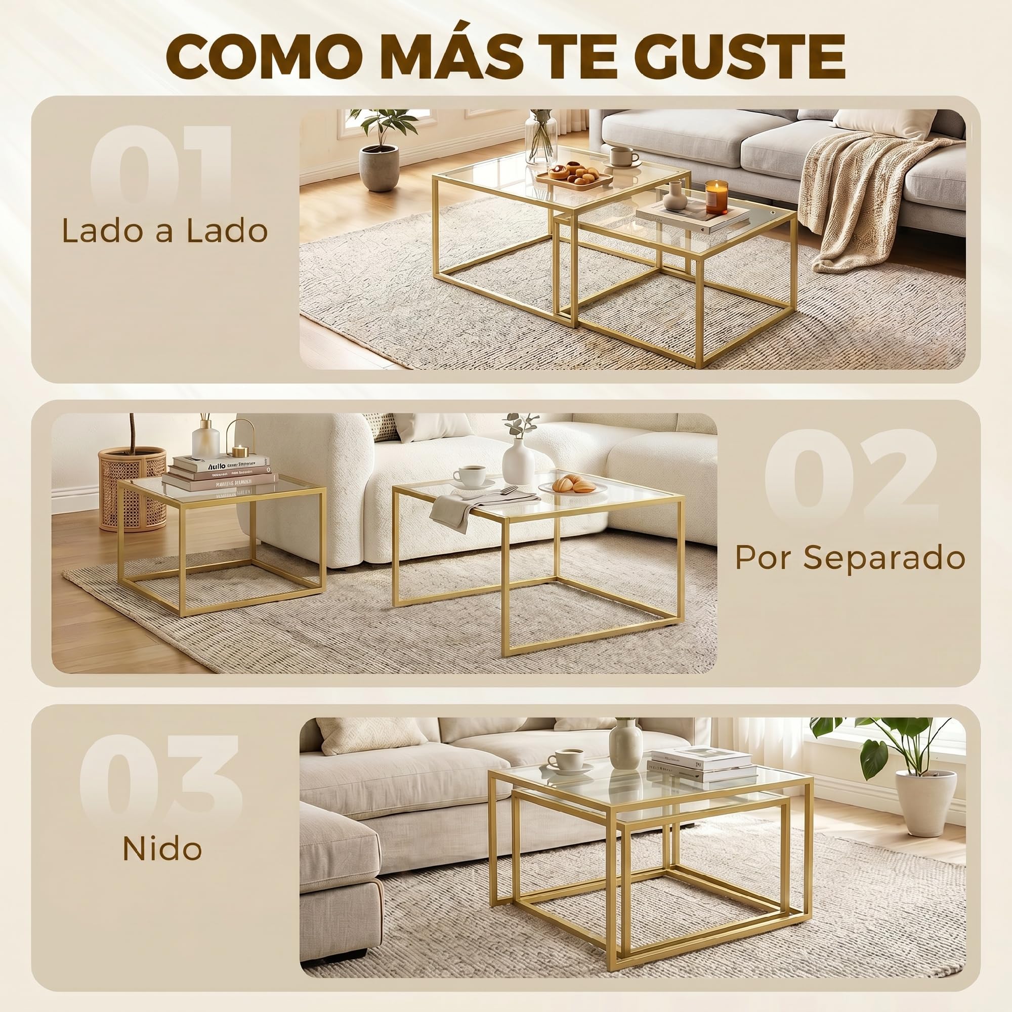 HOMCOM Set de 2 Mesas de Centro Cuadradas Modernas 75x75x42cm Dorado | Mesas Nido, Tablero de Vidrio Templado, Estructura Metálica, Ahorra Espacio, para Salón, Dormitorio u Oficina