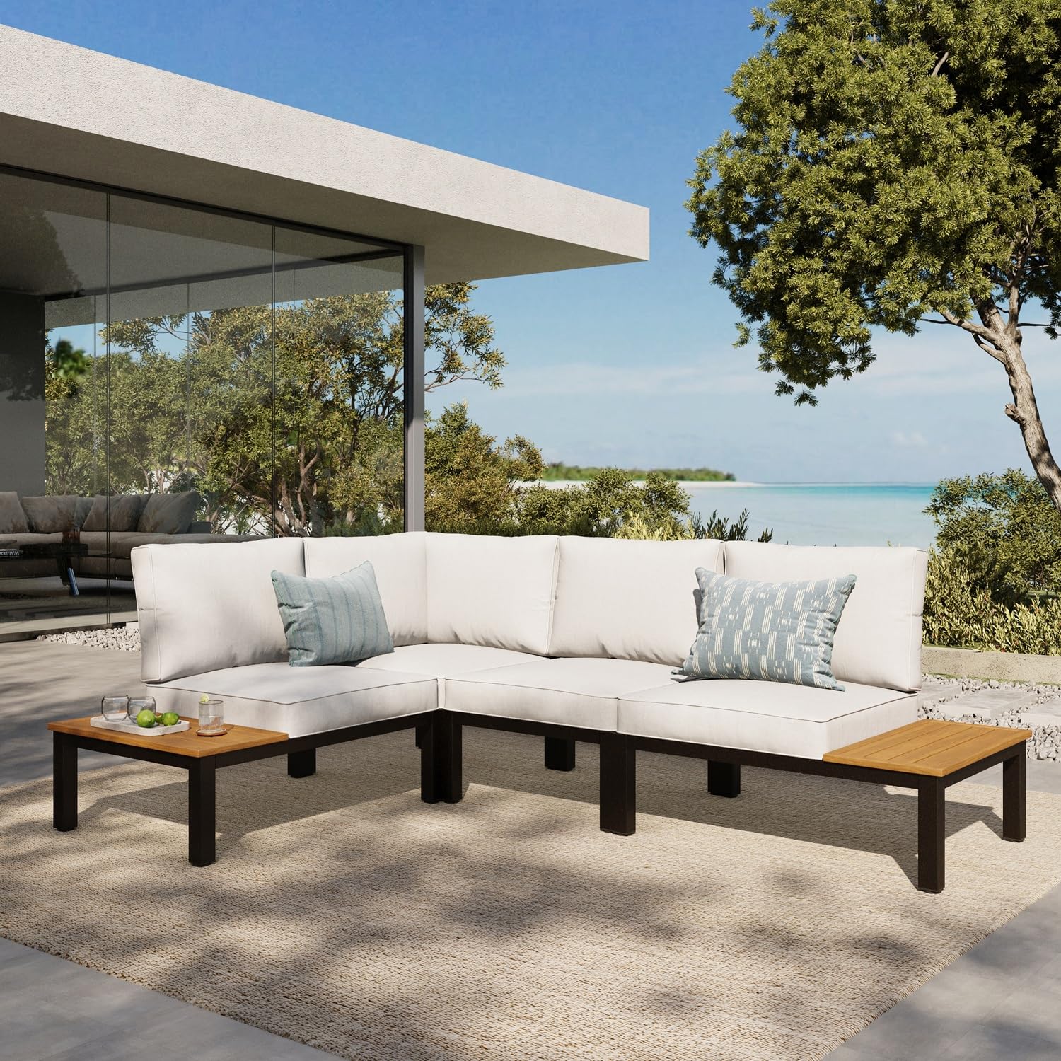 MFSTUDIO 4 Pieces Metal L-Shaped Outdoor Sectional in Grey