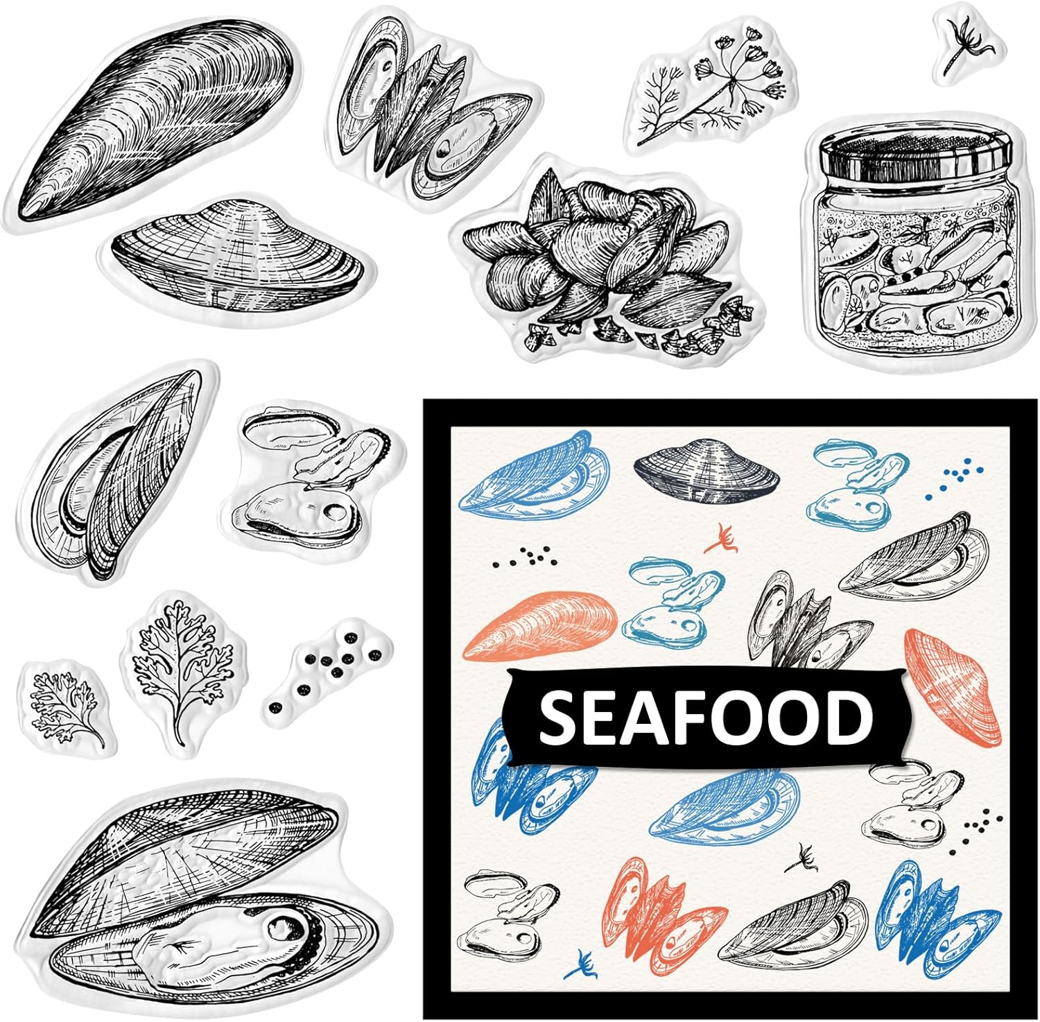 Hying Sea Shell Clam Clear Stamps for Card Making, Ocean Scallop Rubber Stamps Marine Organisms Transparent Stamp Seal for Crafting DIY Scrapbooking Photo Album Decorations