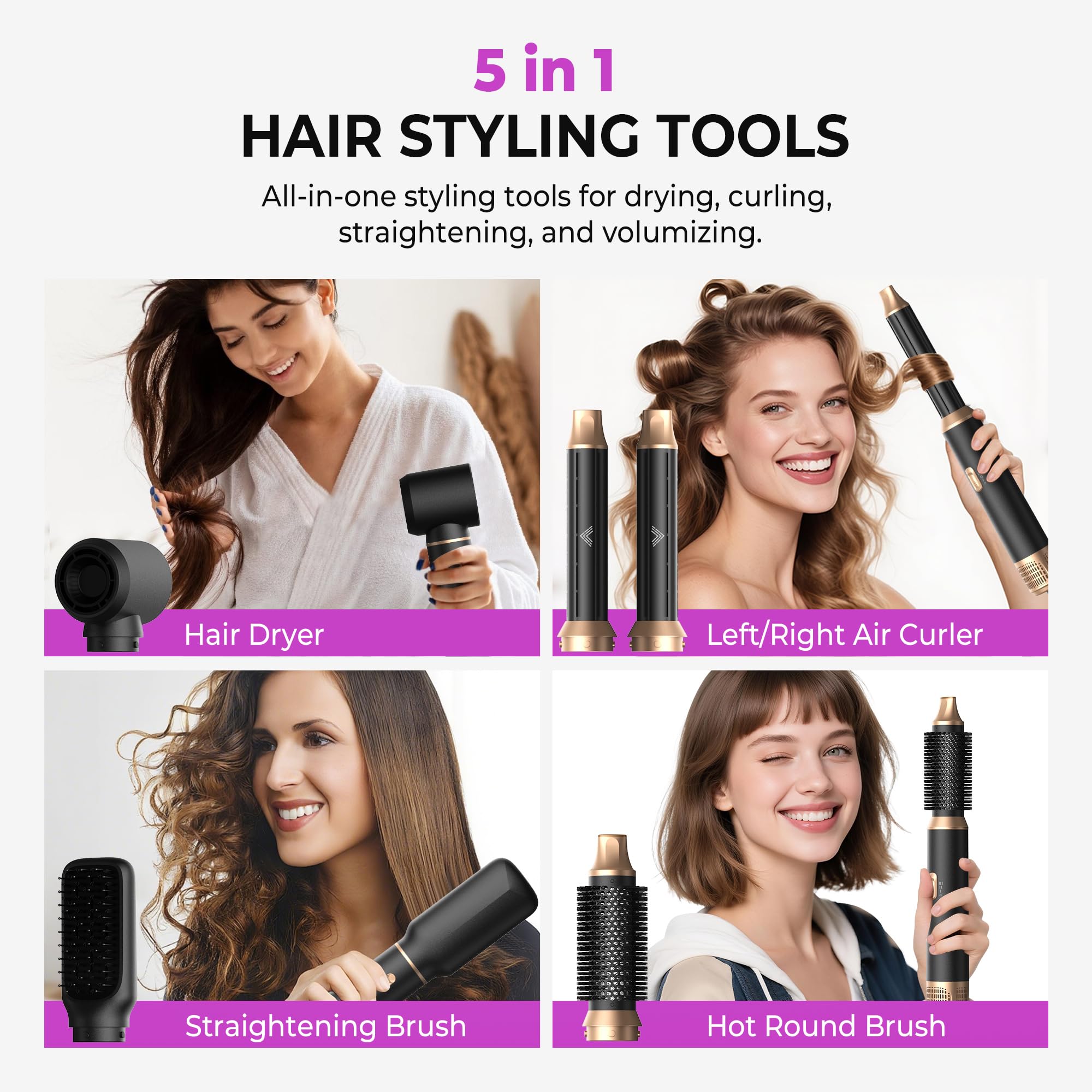 UMIGA Hairstyler 5 in 1 Airstyler Haarstyler Luft Lockenstab Föhn Thermal Brush Glättbürste Set Multistyler Rundbürstenföhn Warmluftbürste Haarstyling Geräte Hair Dryer Geschenke für Frauen, Schwarz