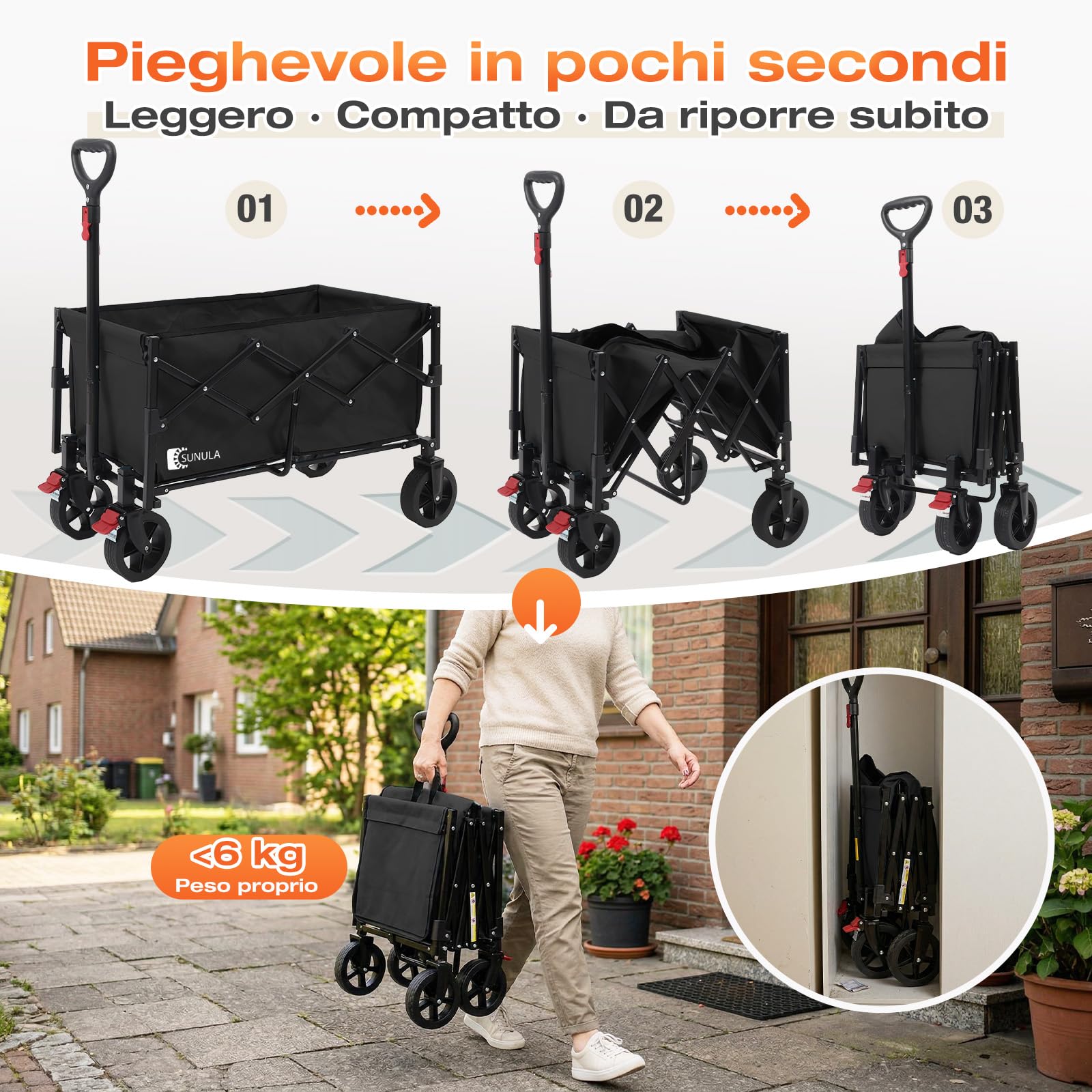SUNULA Carrello pieghevole piccolo 80L 100KG, carrello pieghevole con peso ridotto, carrello fuoristrada con freni, Nero