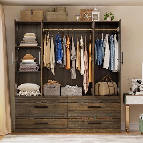 Miniatura 4 de PAKASEPT Armario Armario con 4 puertas, 70.87 pulgadas de alto Armarios para dormitorio con puerta calada, cajones, barra para colgar y estantes,
