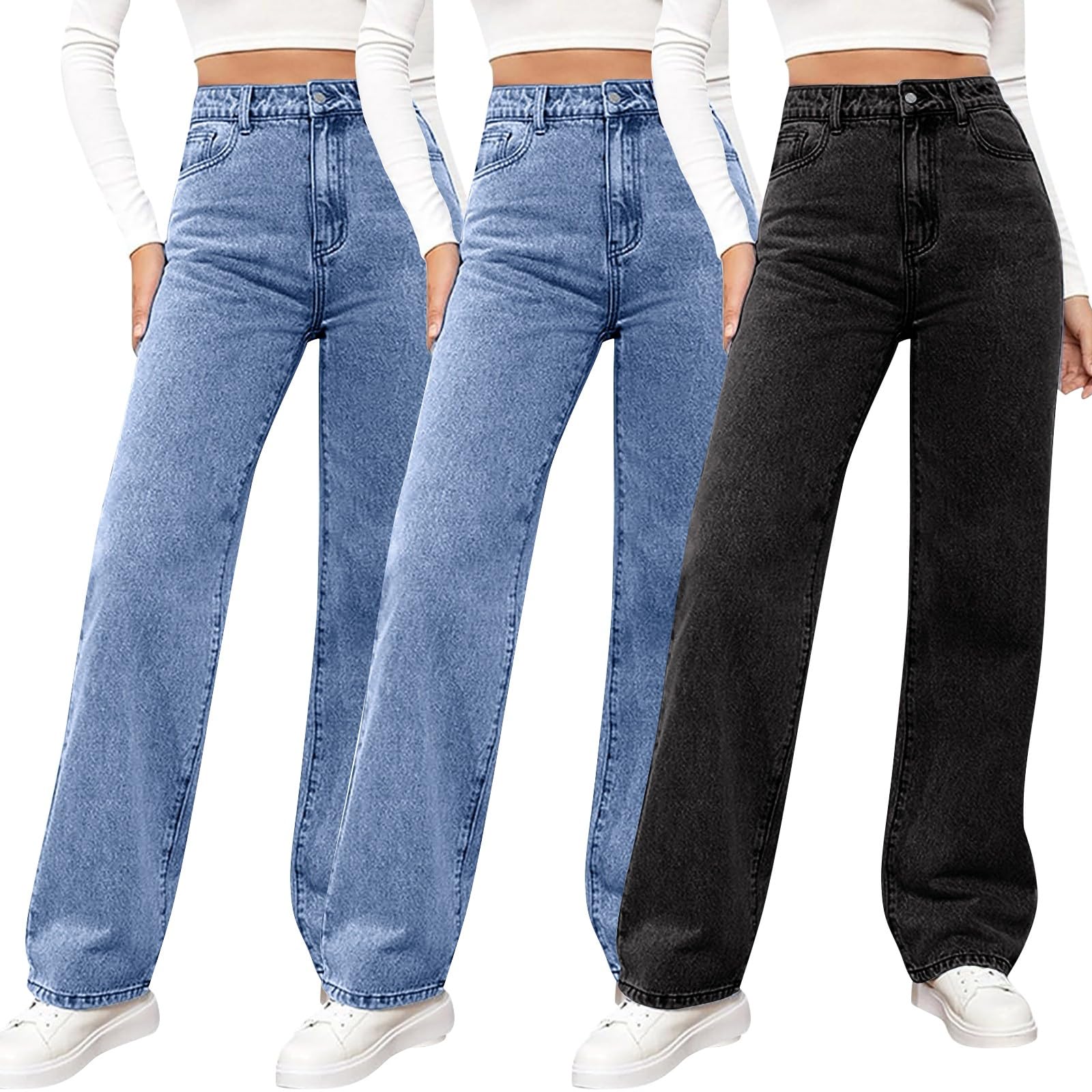 Jeans da donna, taglie grandi, in denim, a vita alta, a gamba dritta, pantaloni classici in jeans, tinta unita, comodi denimpants alla moda, per il tempo libero, con tasche
