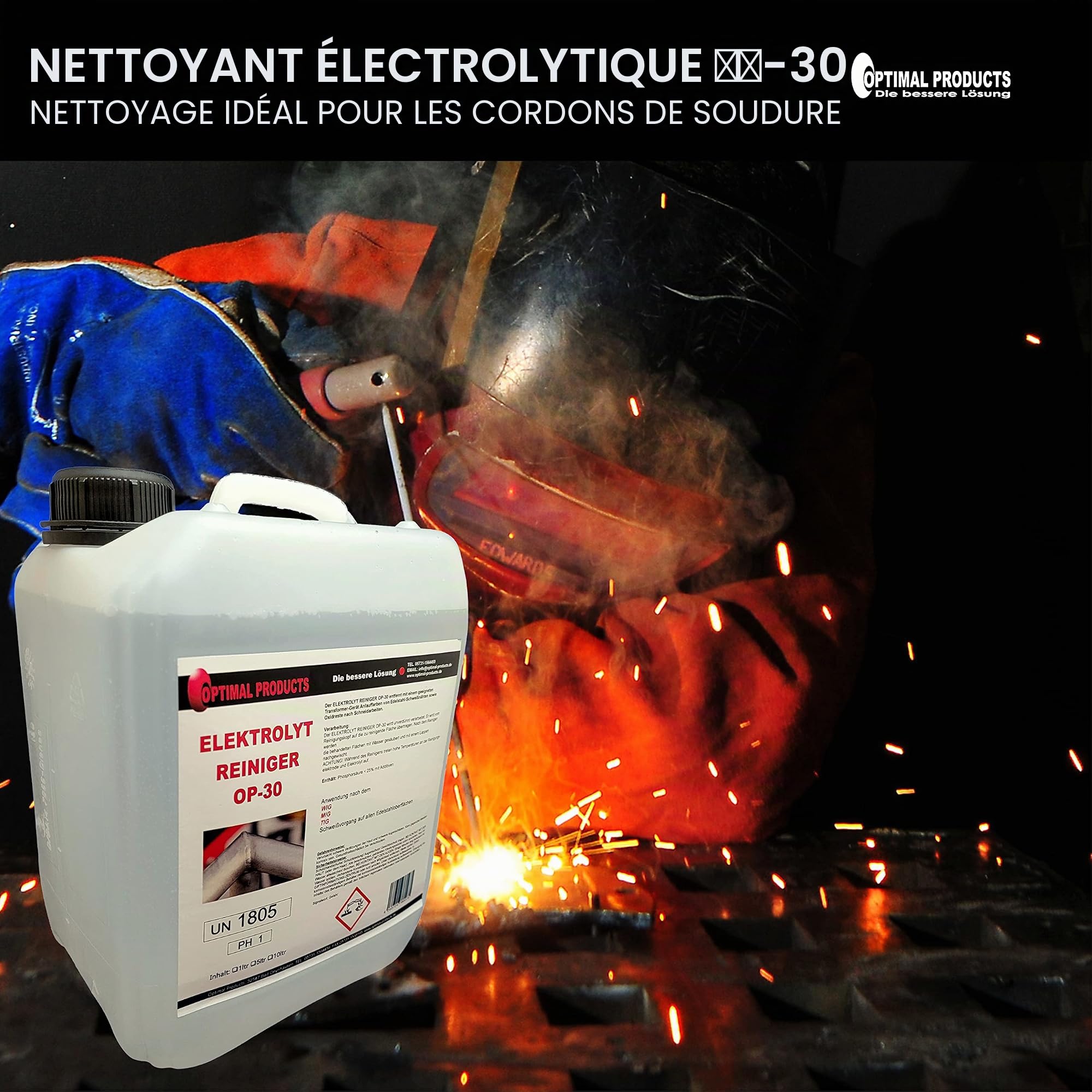 Optimal Products OP-30 Nettoyant électrolyte I Pour décaper l'acier inoxydable I Décapant pour peinture métal I Après soudage TIG I Polissage en acier inoxydable I 5 l