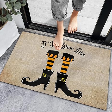 Amazon Com Welcome Doormats Halloween Witch Shoes Black Quotes Absorbent Front Door Mat Non Slip Rubber Orange Lines Retro Cotton Linen Low Profile Rug For Kitchen Bathroom Indoor Entryway x31 5in Patio Lawn Garden
